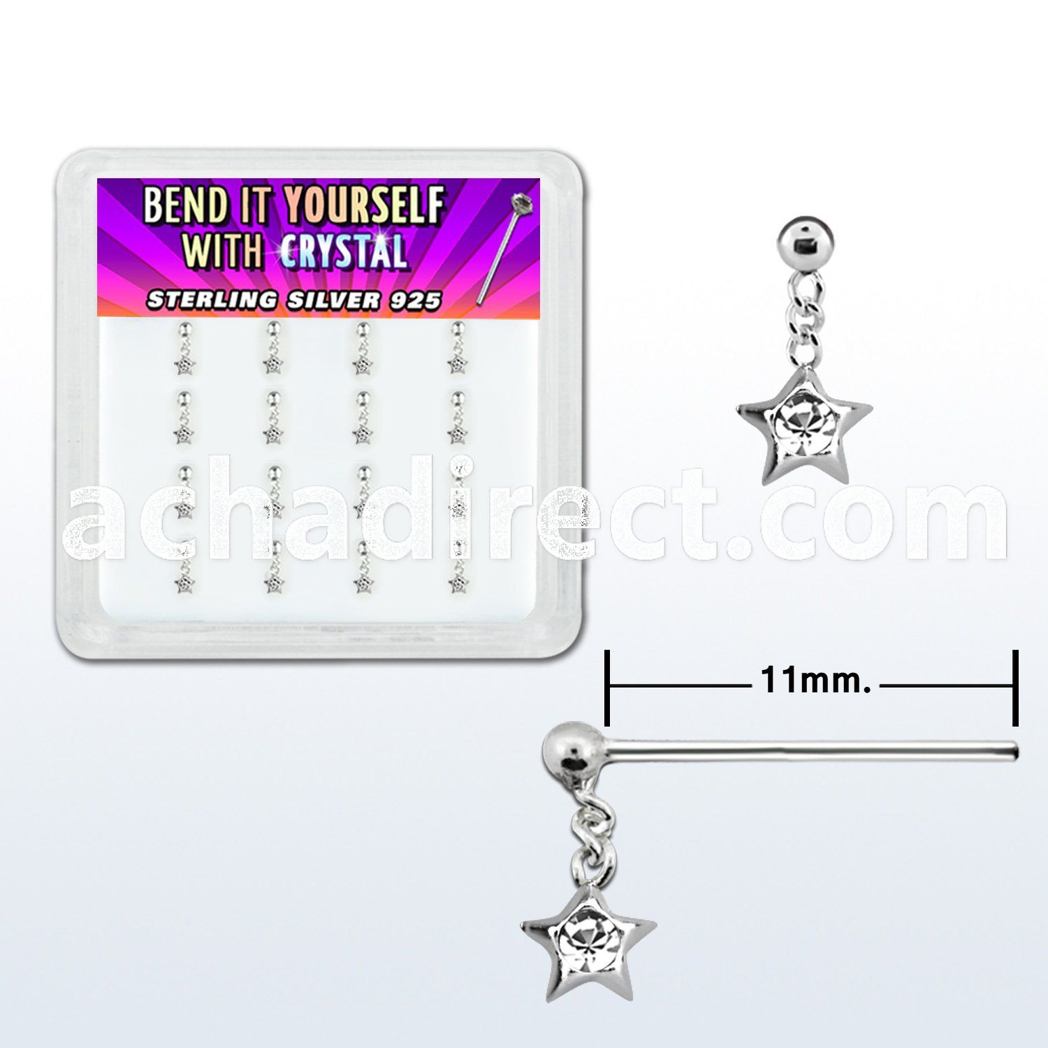 nyds16c box w silver bend it nose studs, w a dangling star