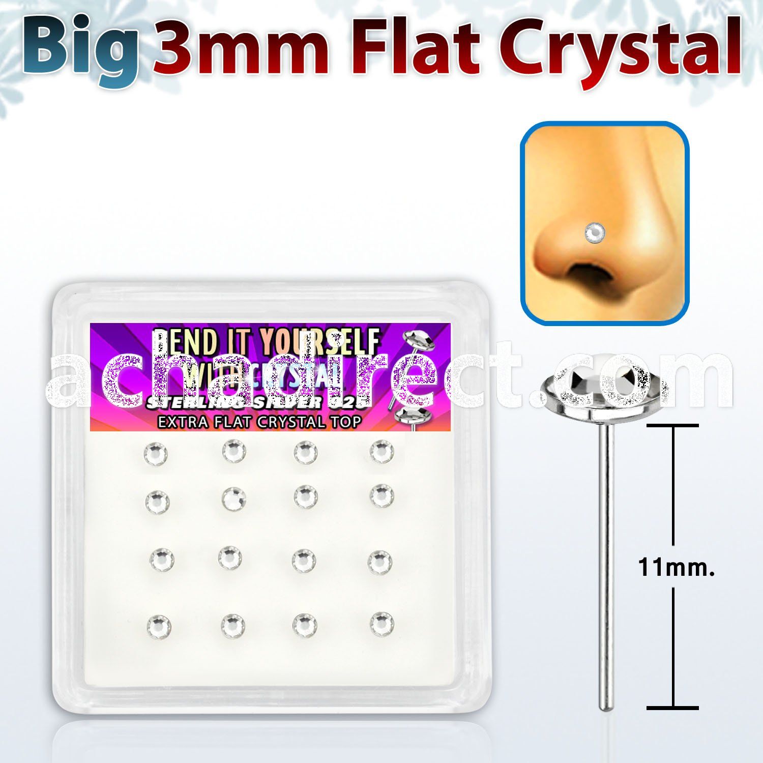 nyfb16c silver bend it nose studs with 3mm clear crystal tops