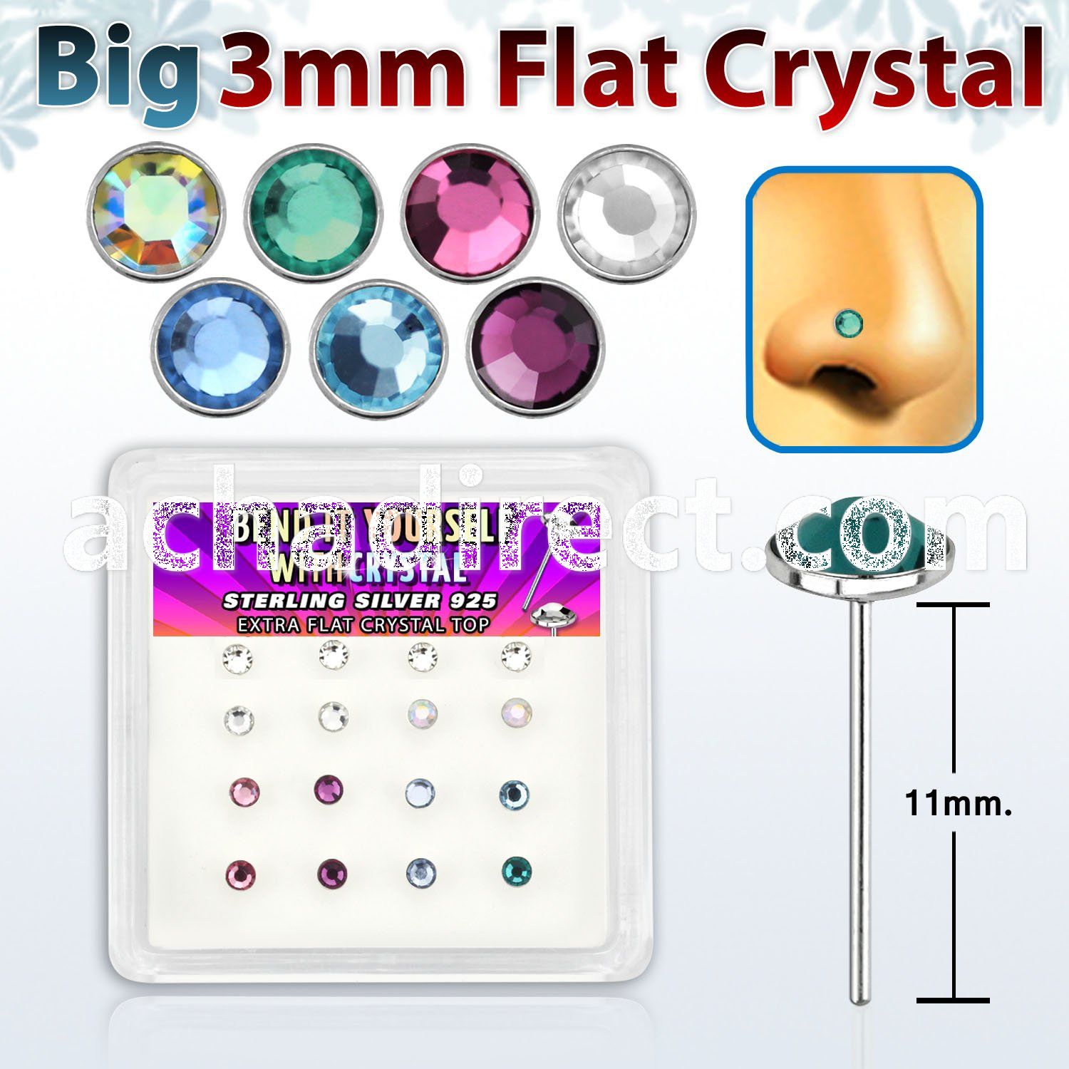 nyfb16m silver bend it nose studs with assorted color crystals