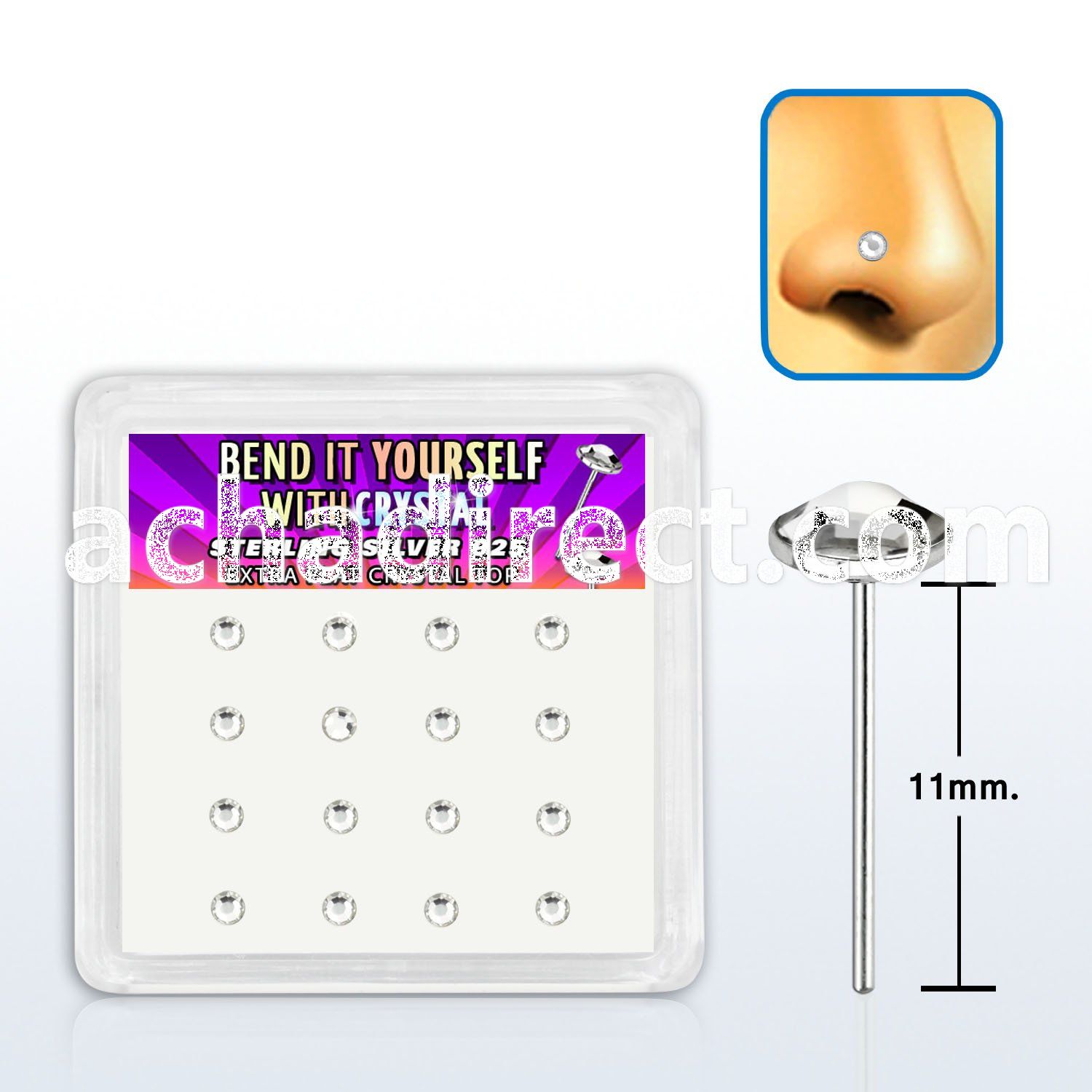 nyfbs16c box w silver bend it nose stud w flat 2.5mm clear tops
