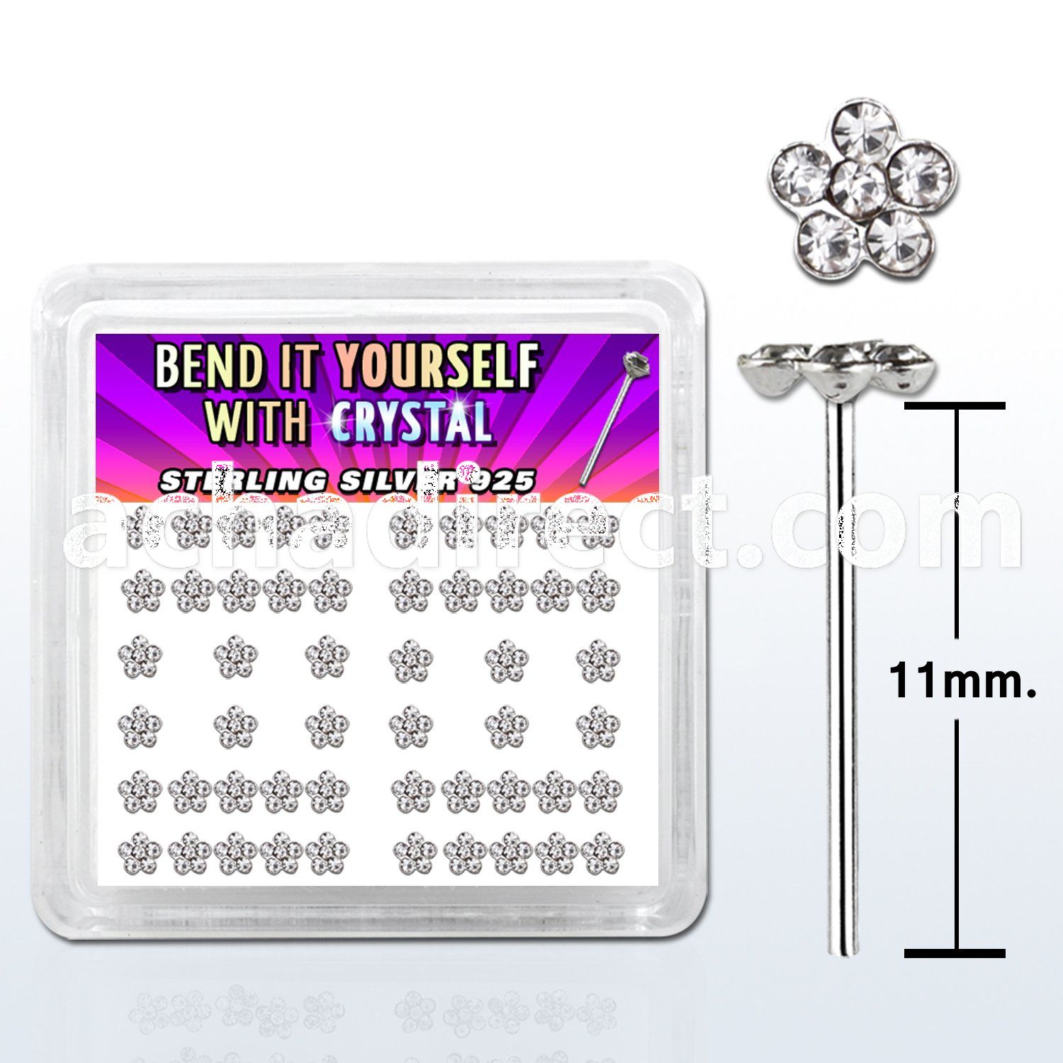 nyflbxc box w silver bend it nose studs w 1mm crystal flower top