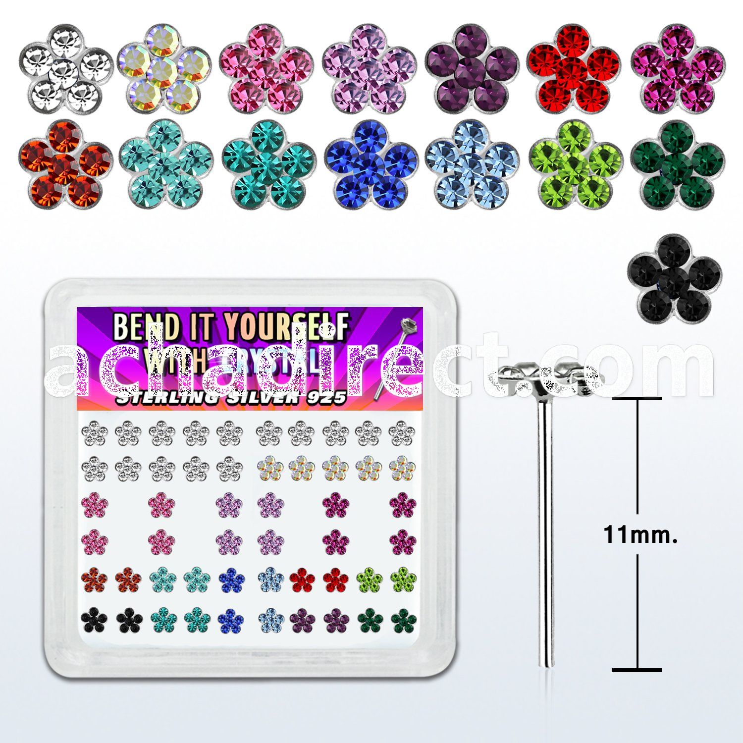 nyflbxs box w silver bend it nose studs, crystal flower tops