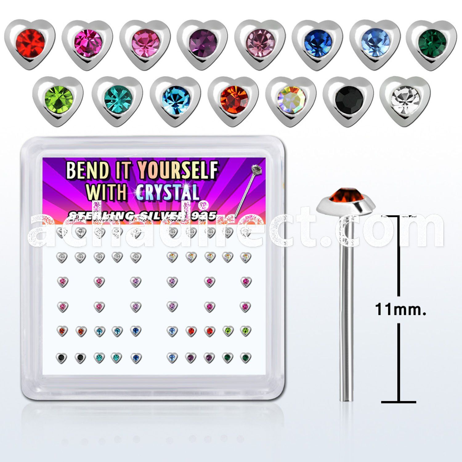 nyhrbxm silver bend it nose studs with heart w assorted crystal