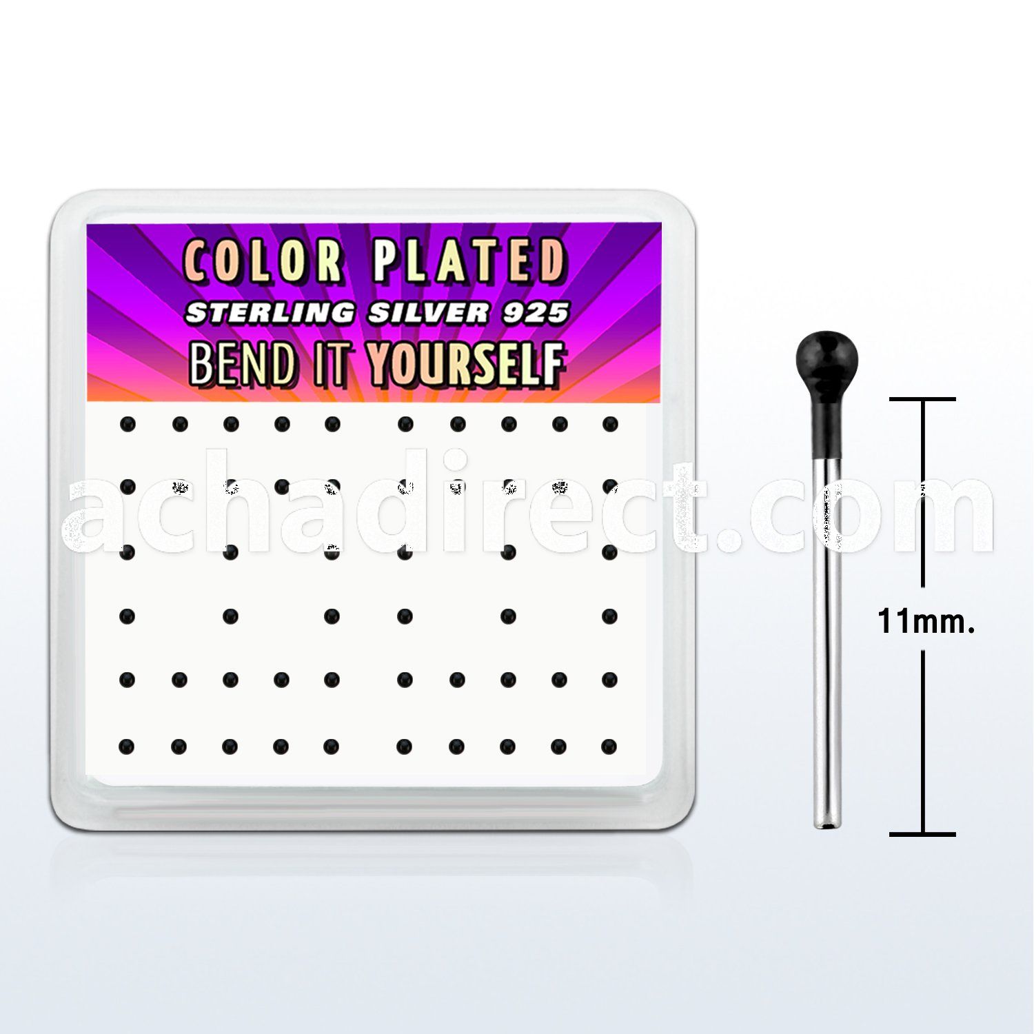 nykbbx1 box silver bend it nose studs 1mm black plated ball top