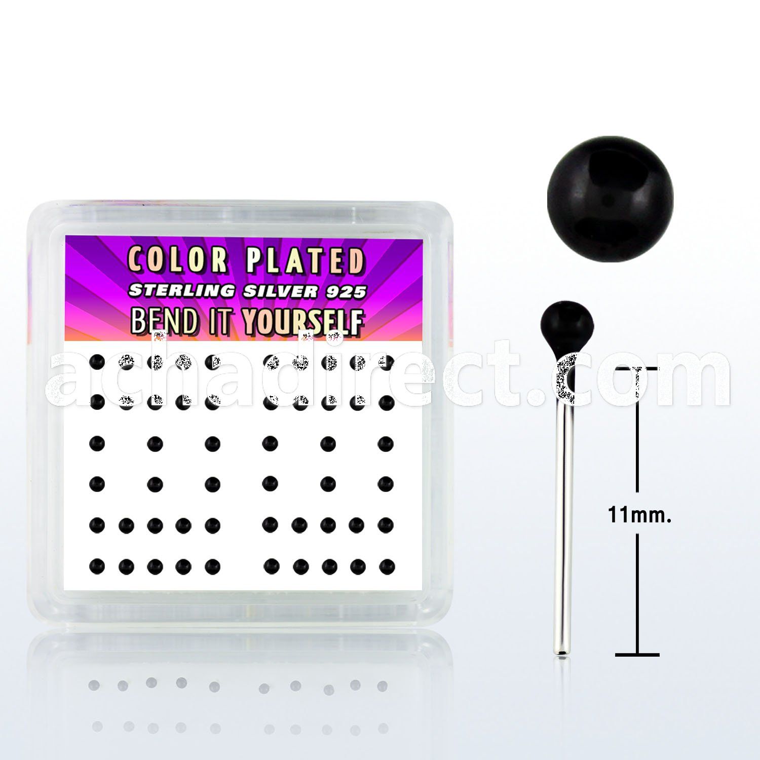 nykbbx2 box w silver bend it nose studs, w 2mm black ball tops