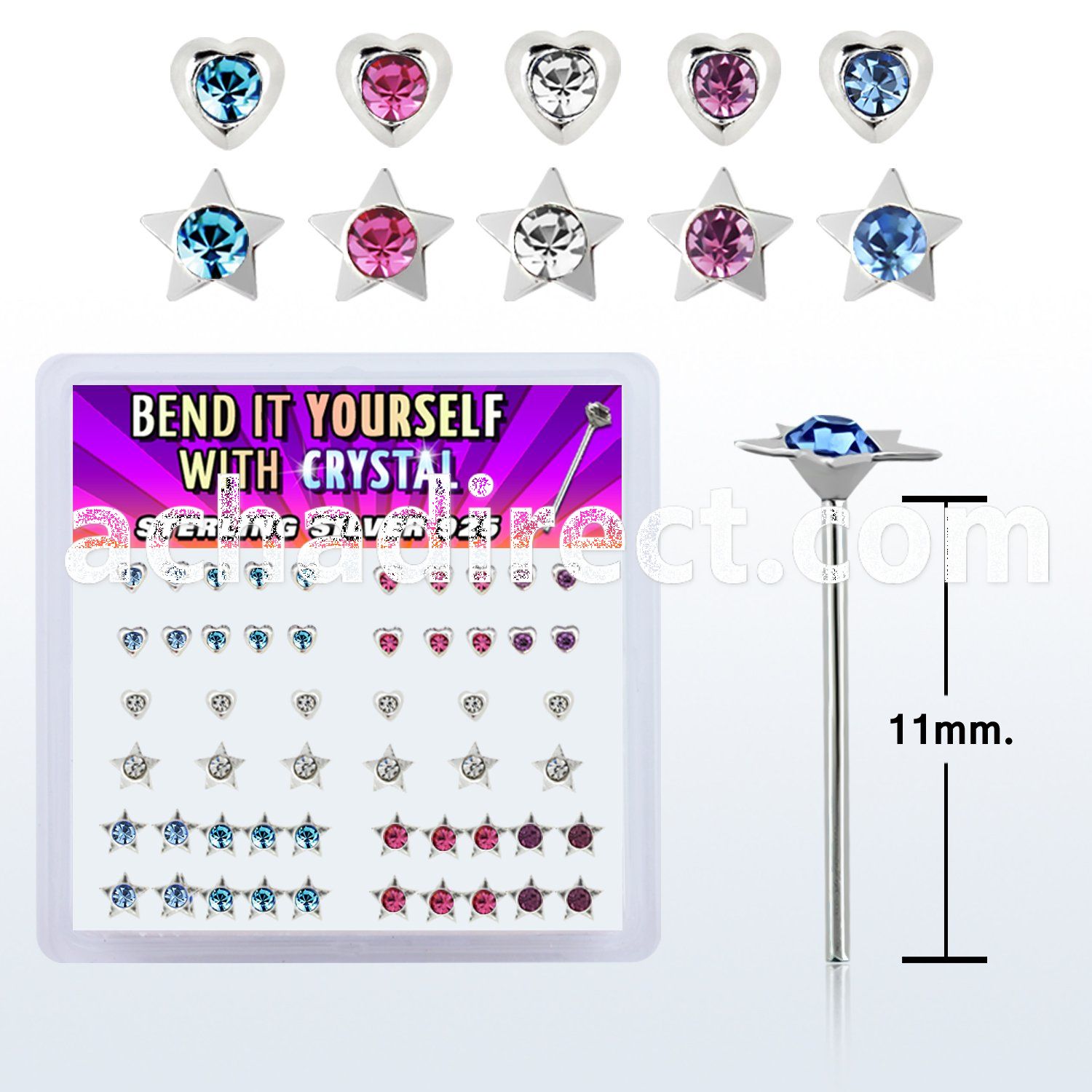 nymhsm box of silver bend it nose studs w crystal heart star