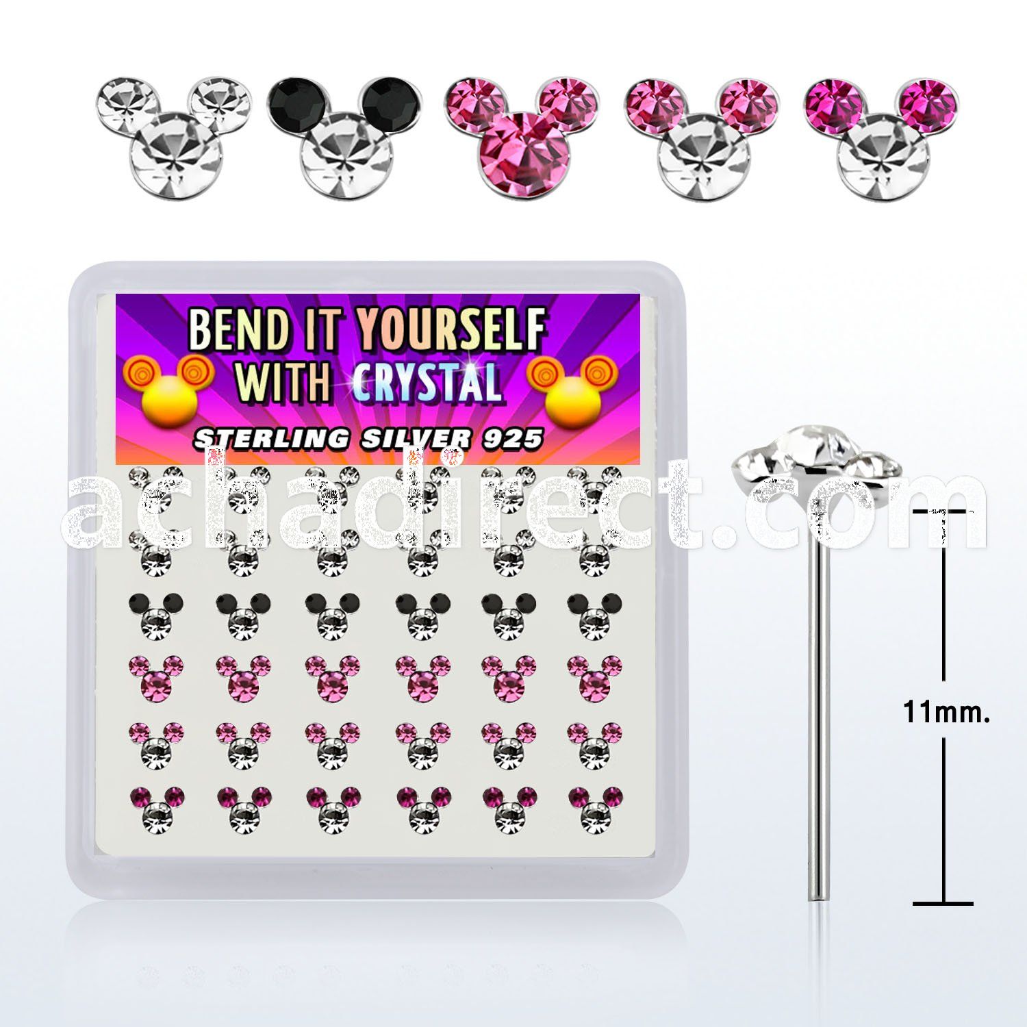 nymos36a box w silver bend it nose stud w crystal mouse face