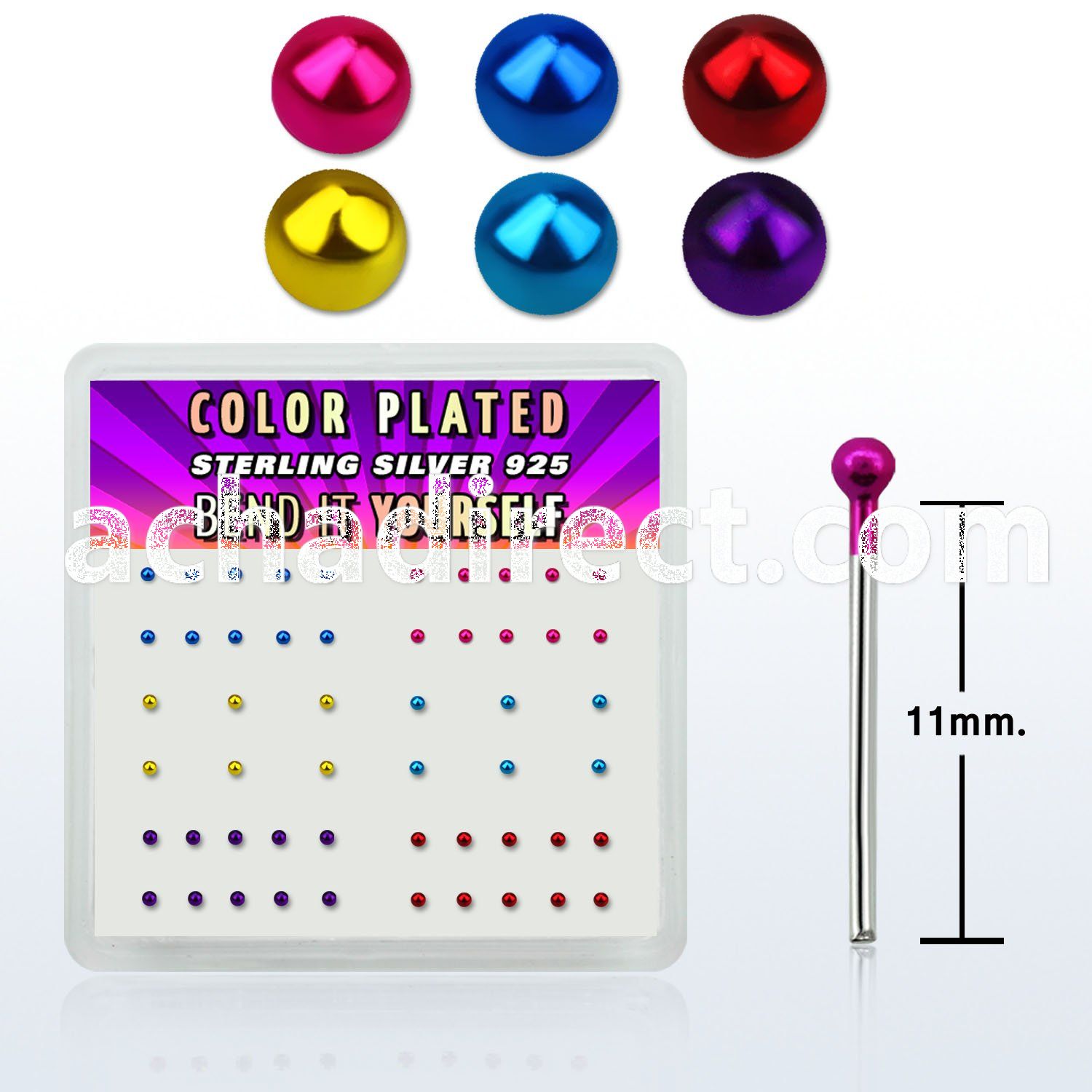 nymtbx1 box w silver bend it nose stud, w 1mm mix color ball top