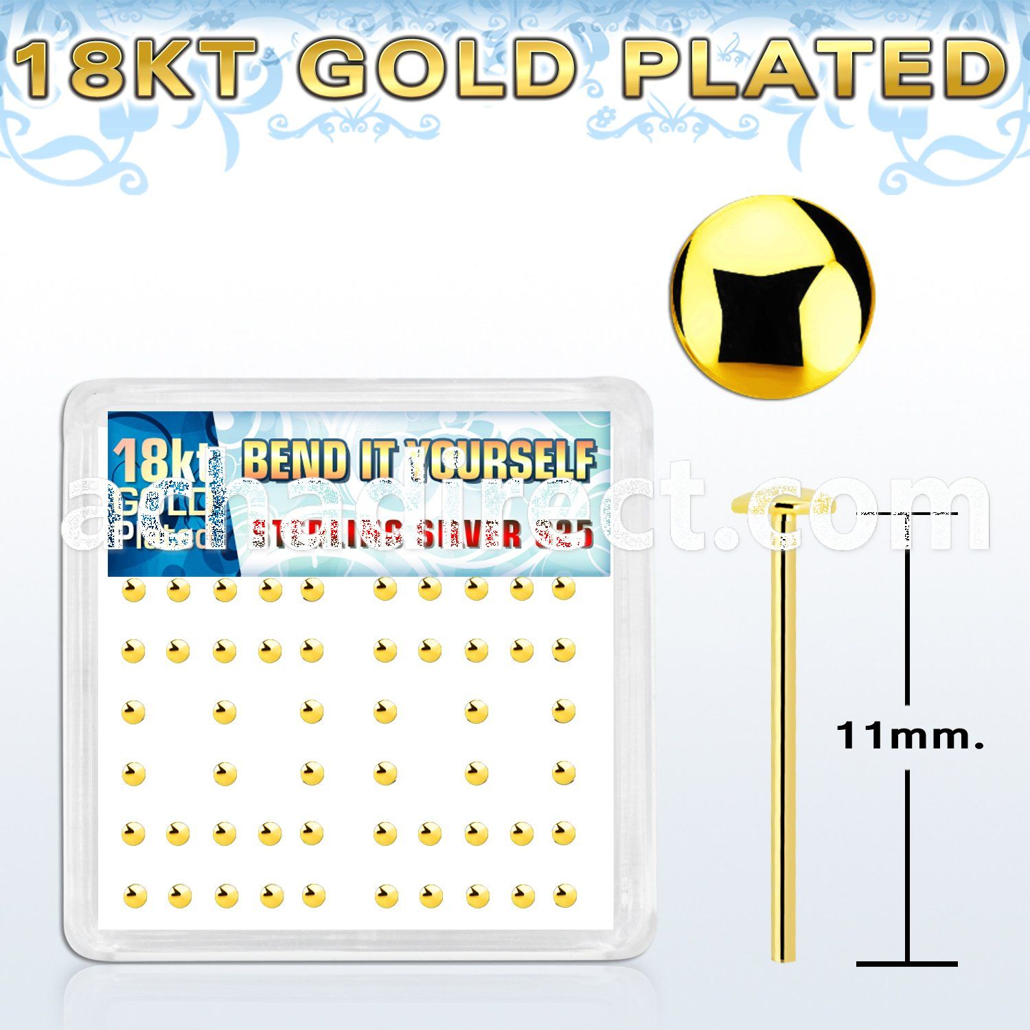 nymx3rg 18k gold plated silver bend it nose stud w 2mm round top