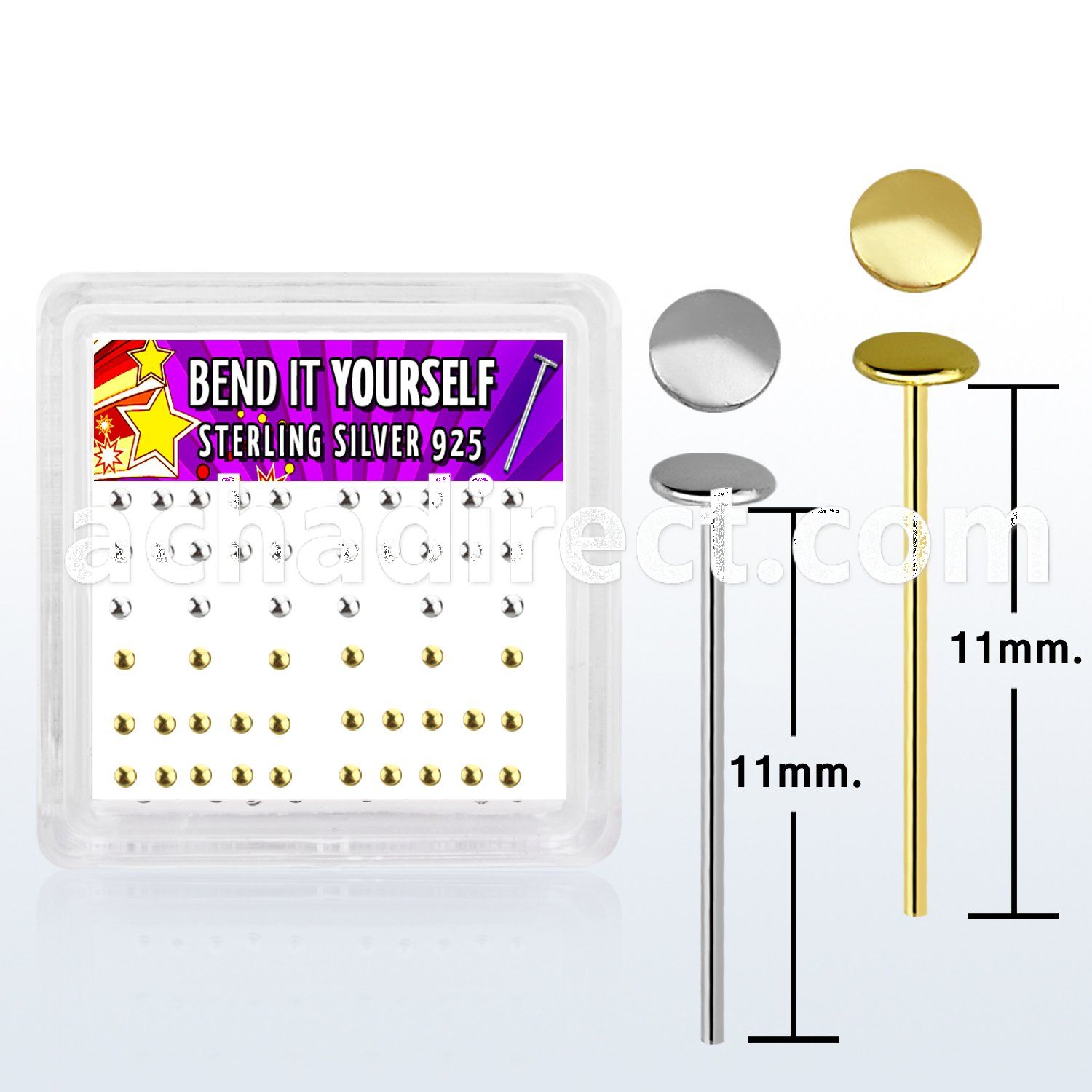nymx4 box w 52 pcs of silver bend it nose stud w 2mm flat top