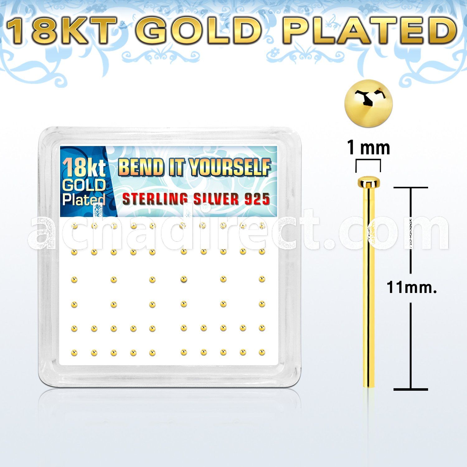 nymx5rg silver bend it nose stud w gold plating 1mm flat top