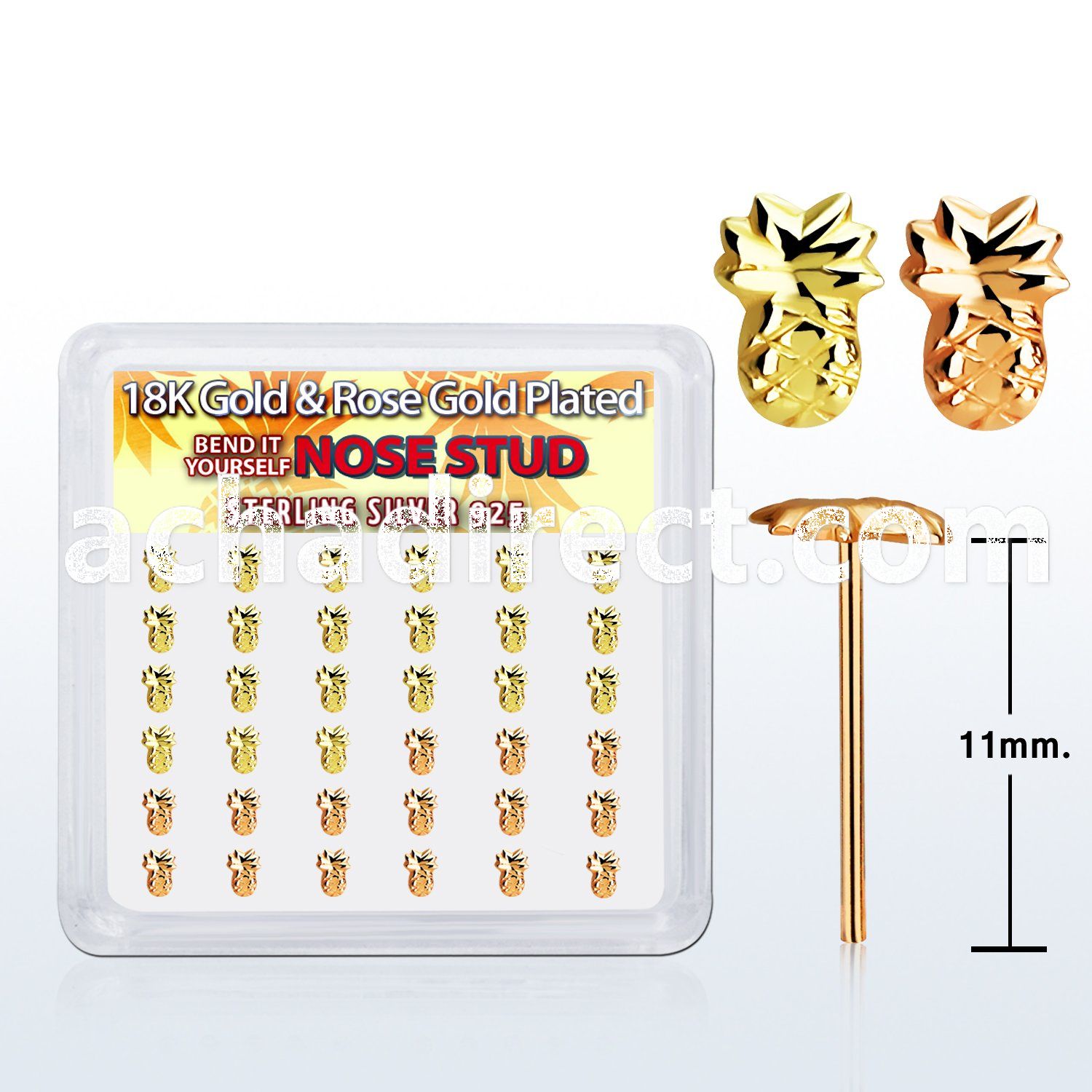 nymxpa36 box w silver bend it nose stud mix gold pineapple top
