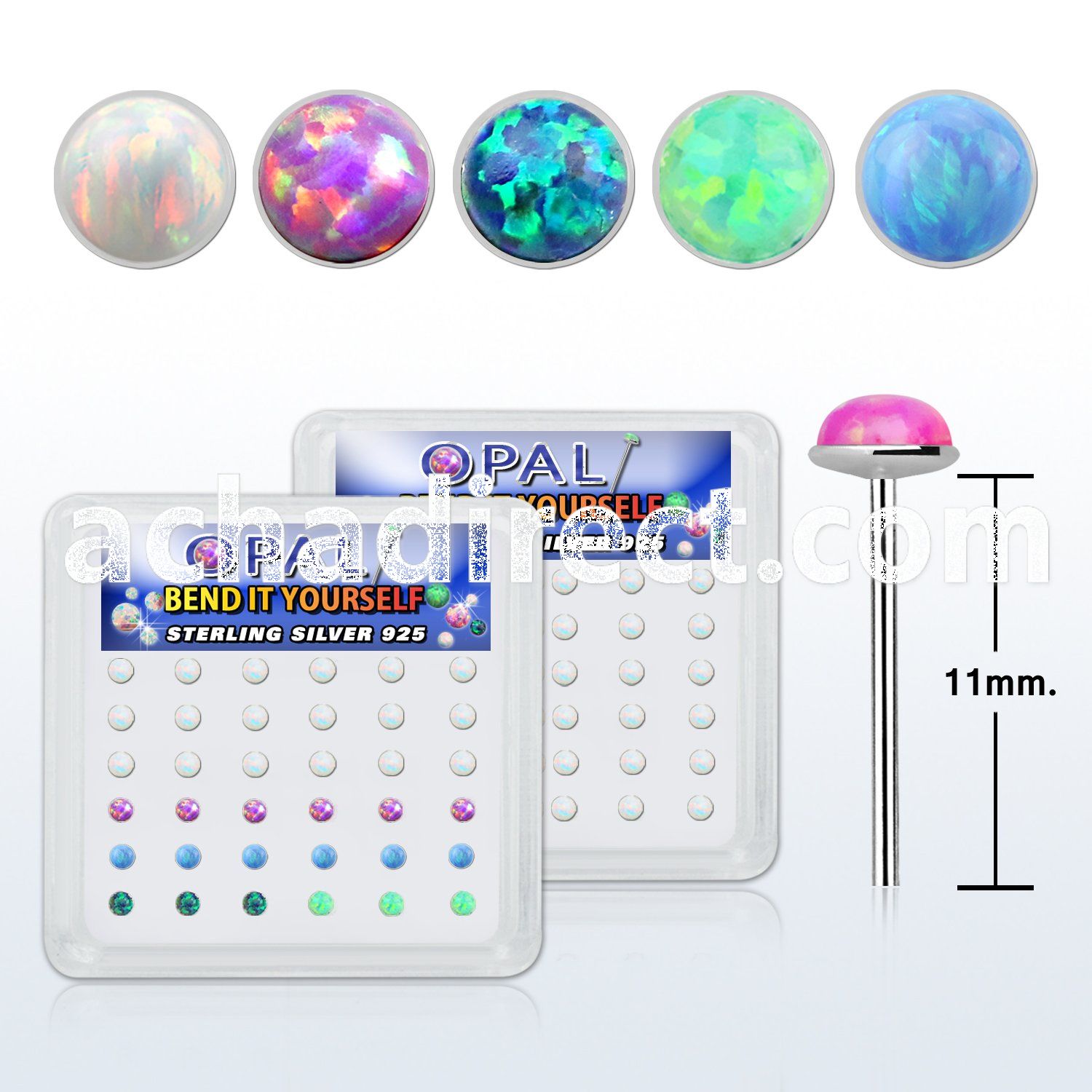 nyo25 box w 36 silver bend it nose studs w 2.5mm opals glued