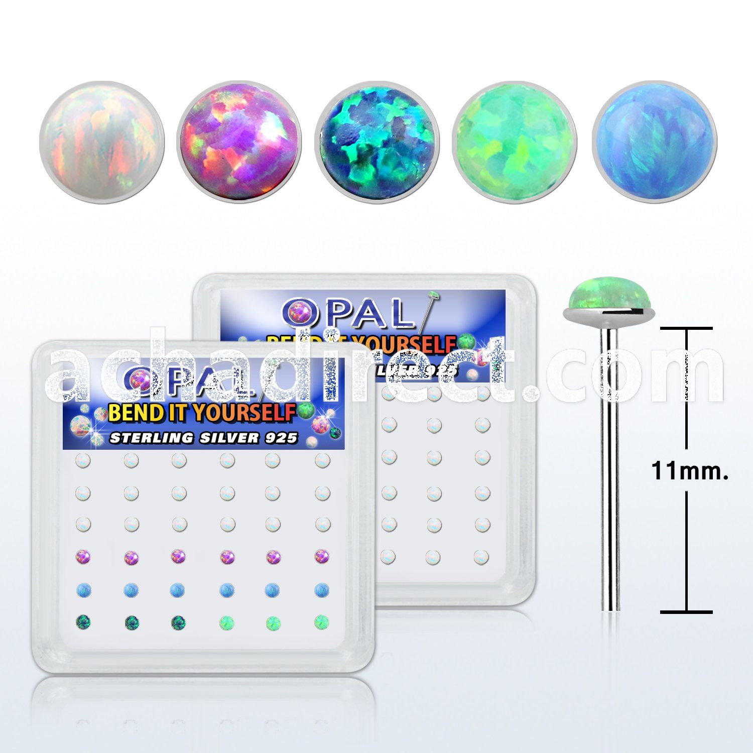 nyo2 box w 36 pc of silver bend it nose stud w 2mm opals glue