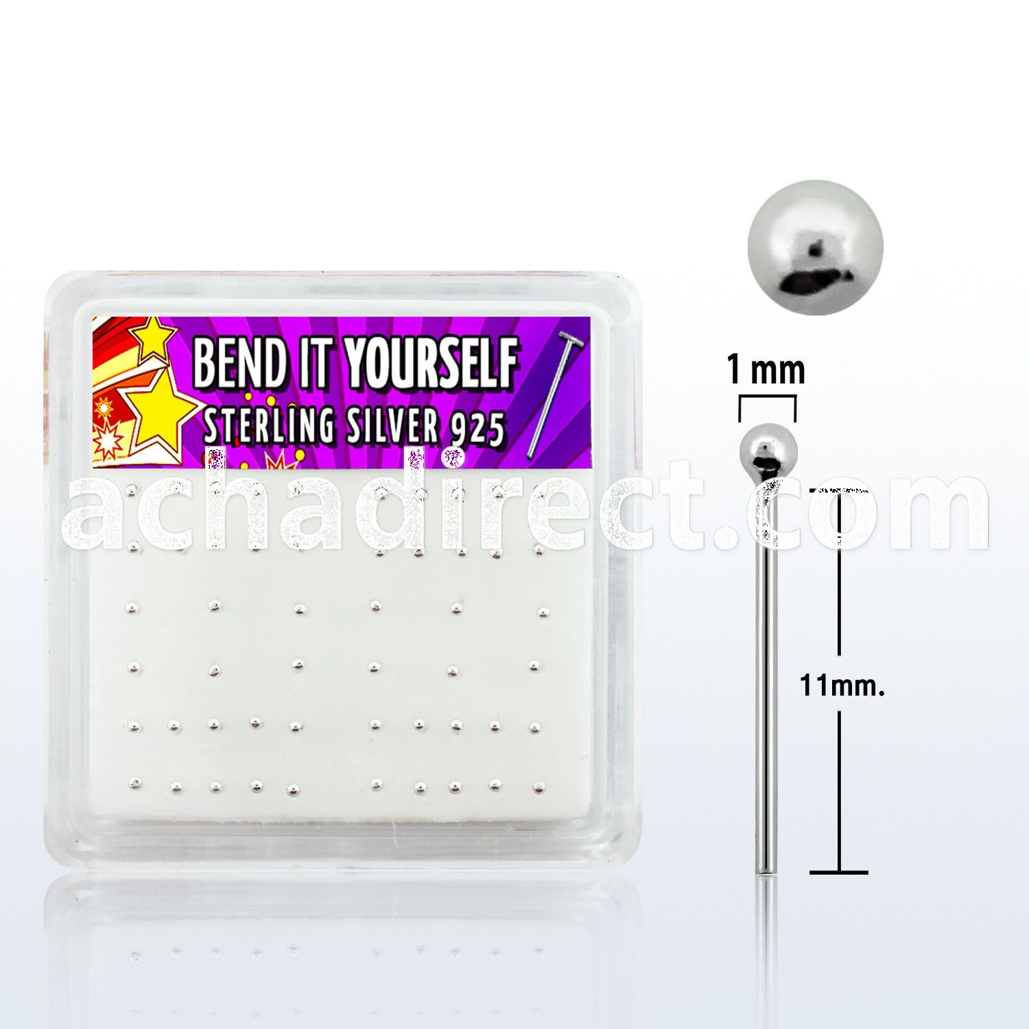 nysv1bx box of silver bend it nose studs with 1mm ball tops