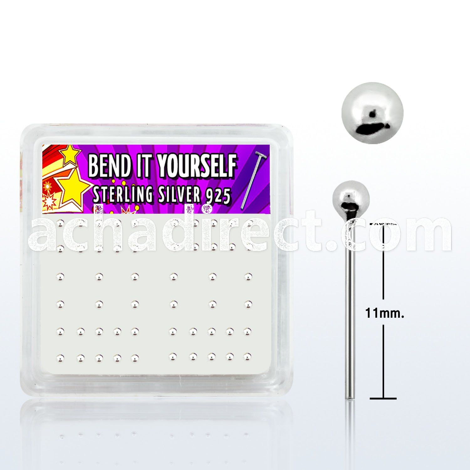 nysv2bx box of silver bend nose studs with 2mm ball shaped tops