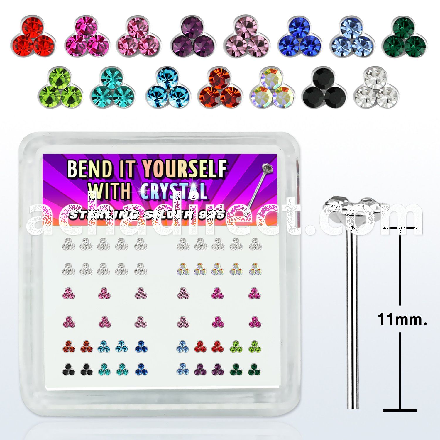 nytrm box 52 silver bend it nose studs w round tripple crystal