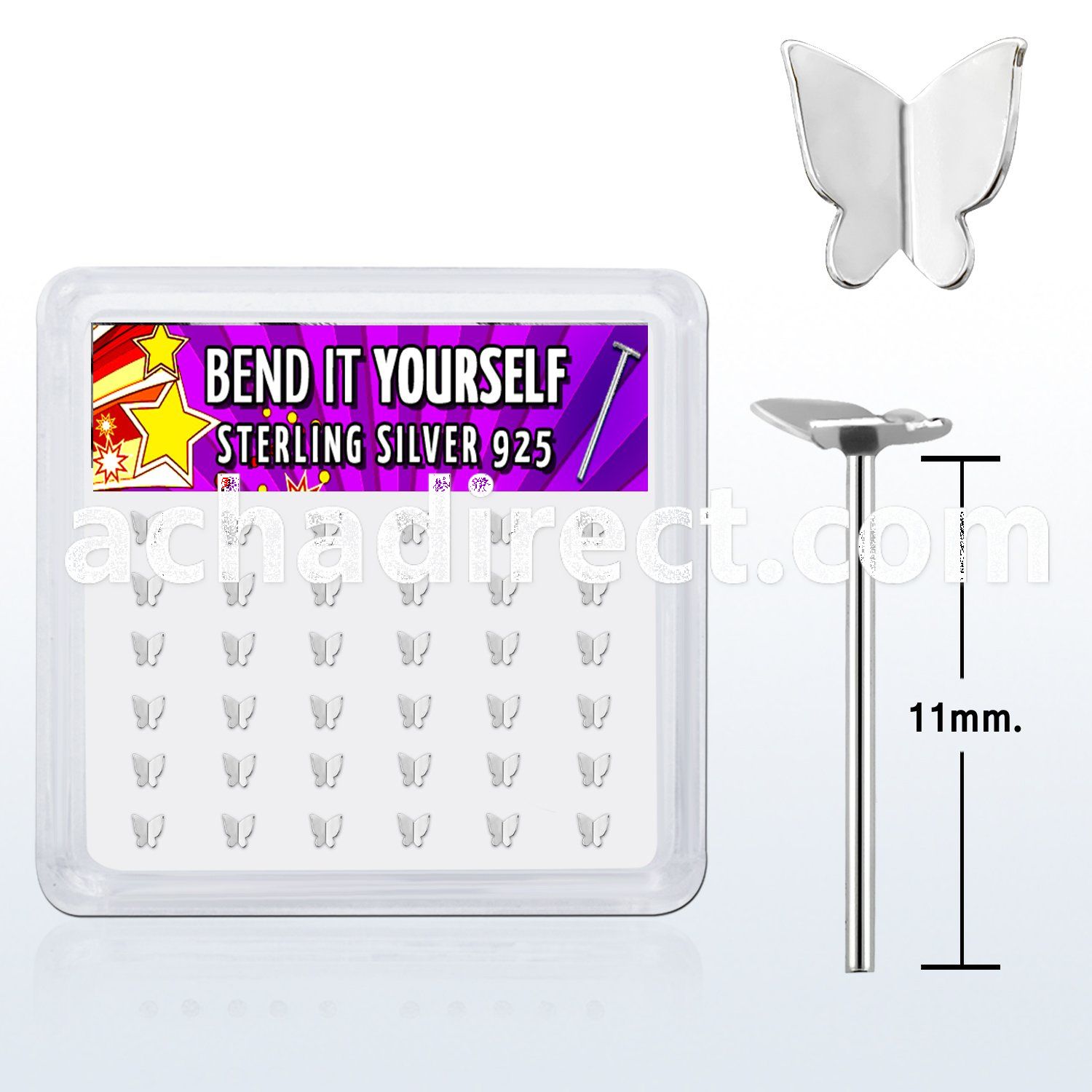 nyvbtf36 box w silver bend it nose studs w flying butterfly tops