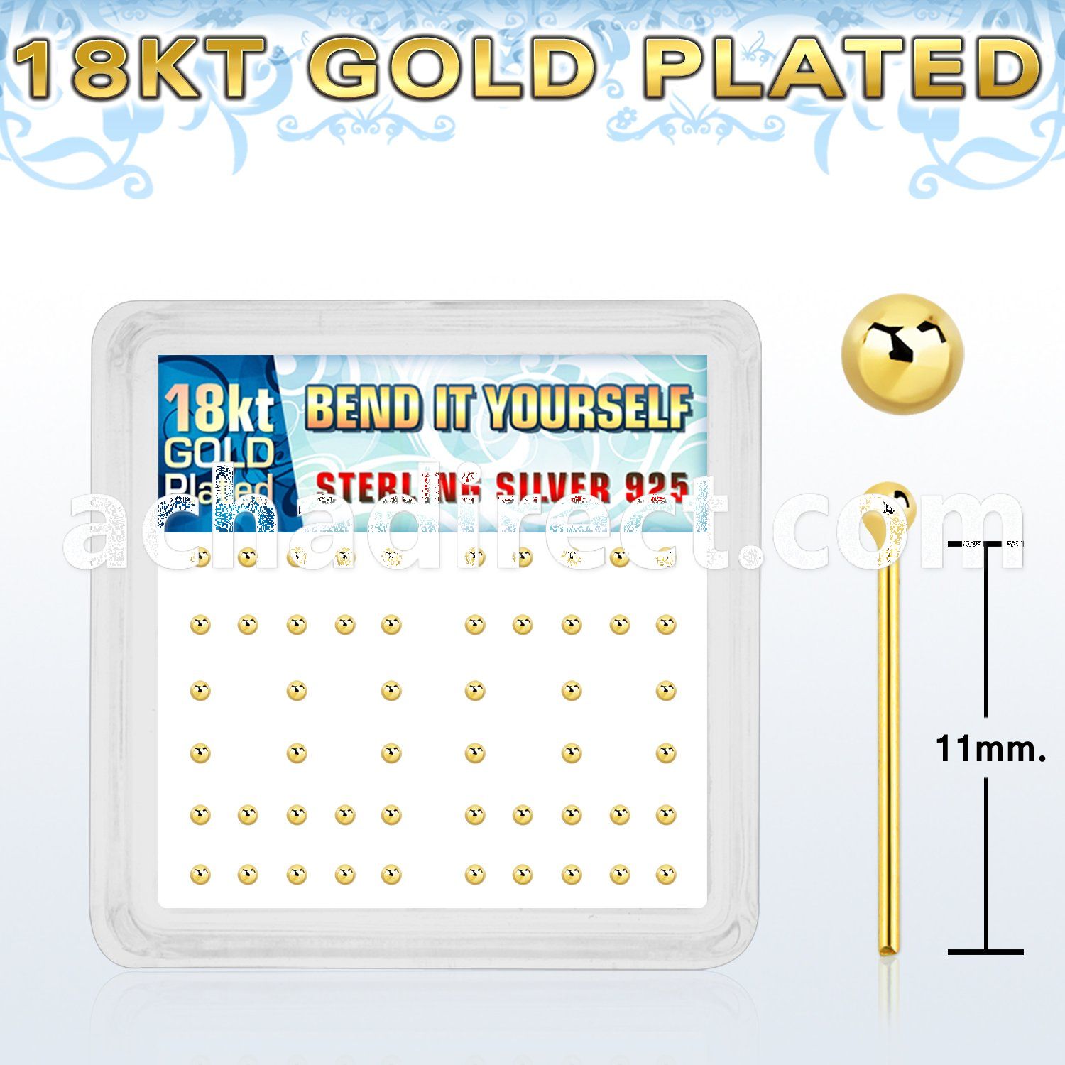 nyx18b box of silver bend it nose studs w 18k gold ball top