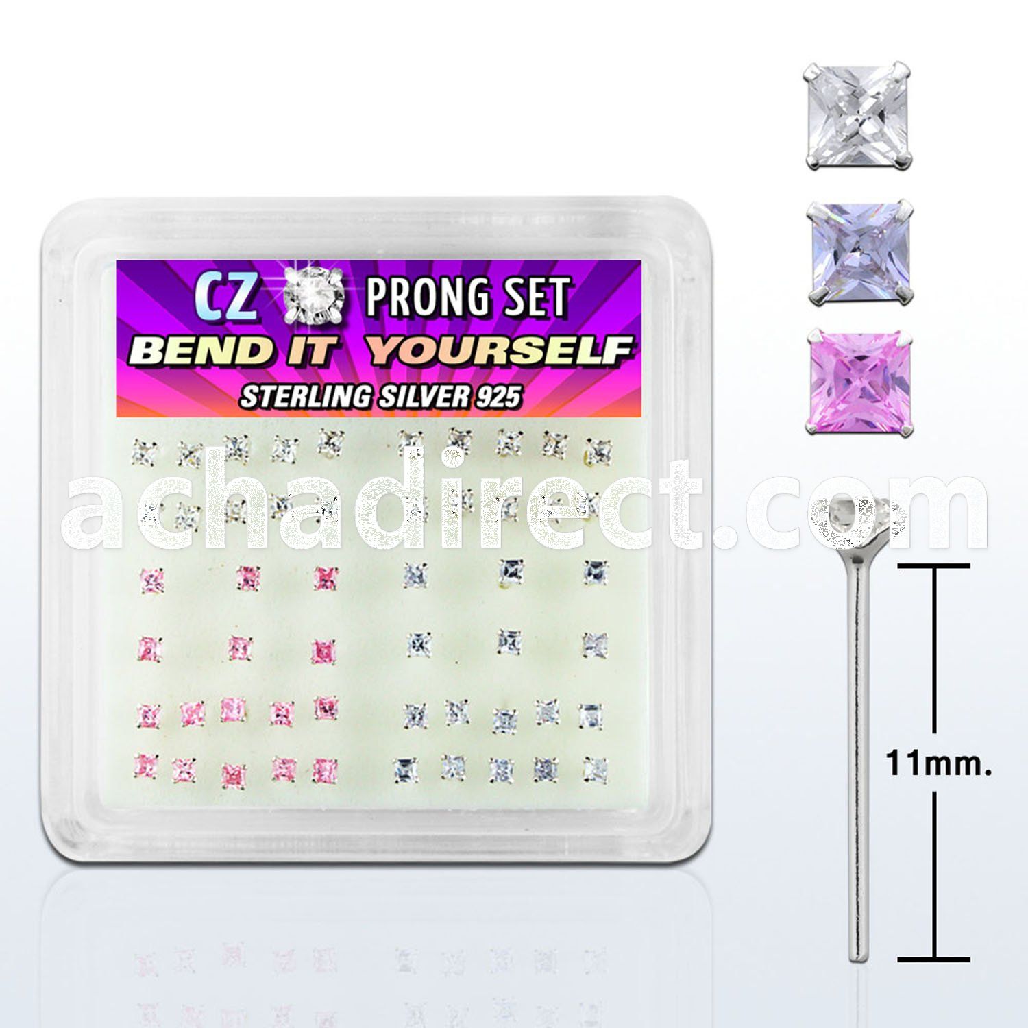 nyzbqm box of silver bend it nose studs w 2mm square prong cz