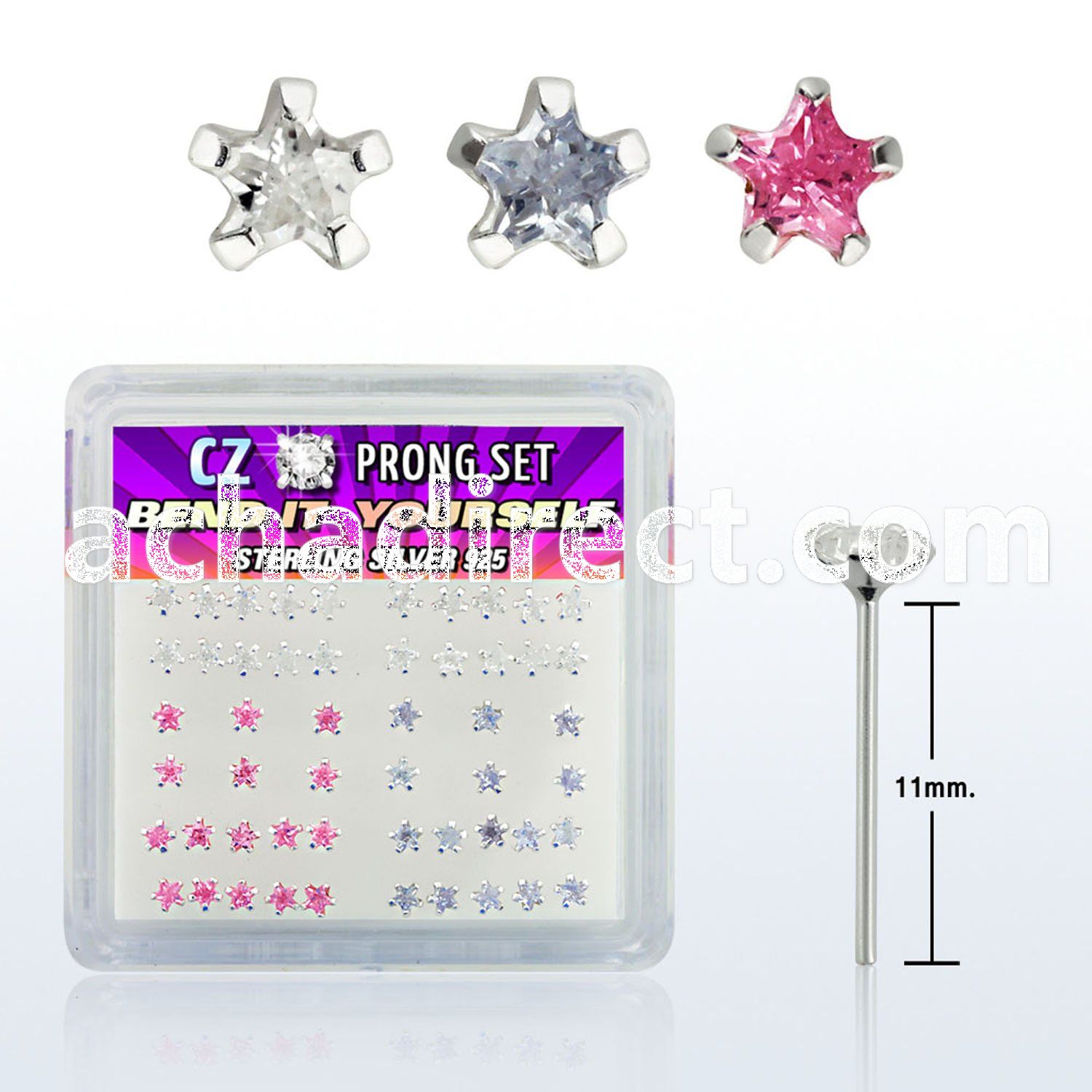 nyzbsm box of silver bend it nose studs with 3mm star prong cz