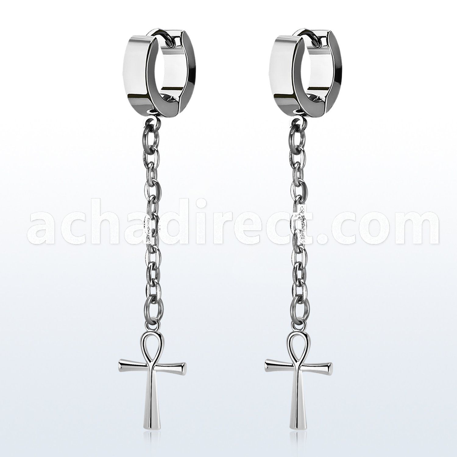 pair of steel huggies earrings w dangling ankh crosses 
