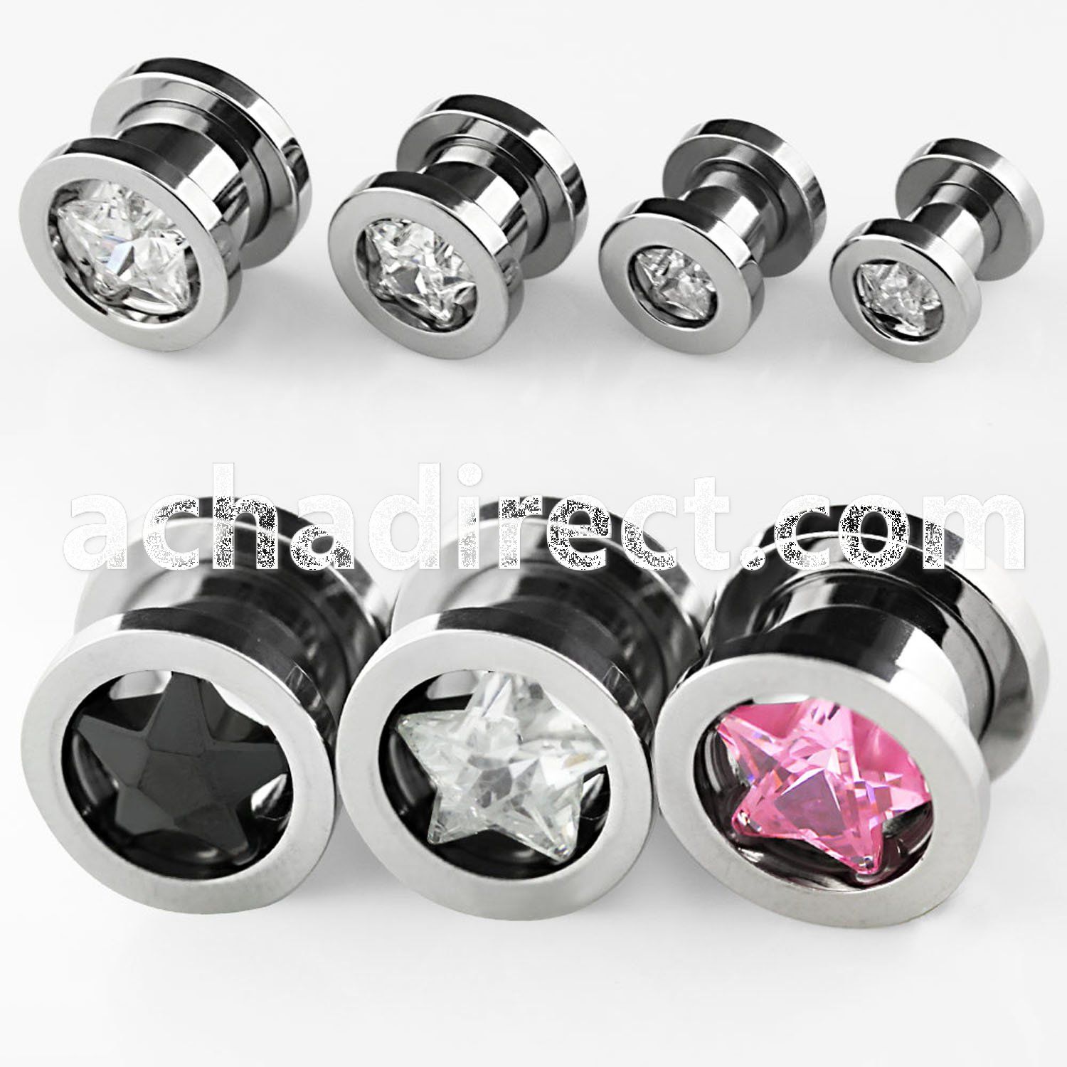 pgzs polished 316l steel screw fit flesh tunnel w star cz