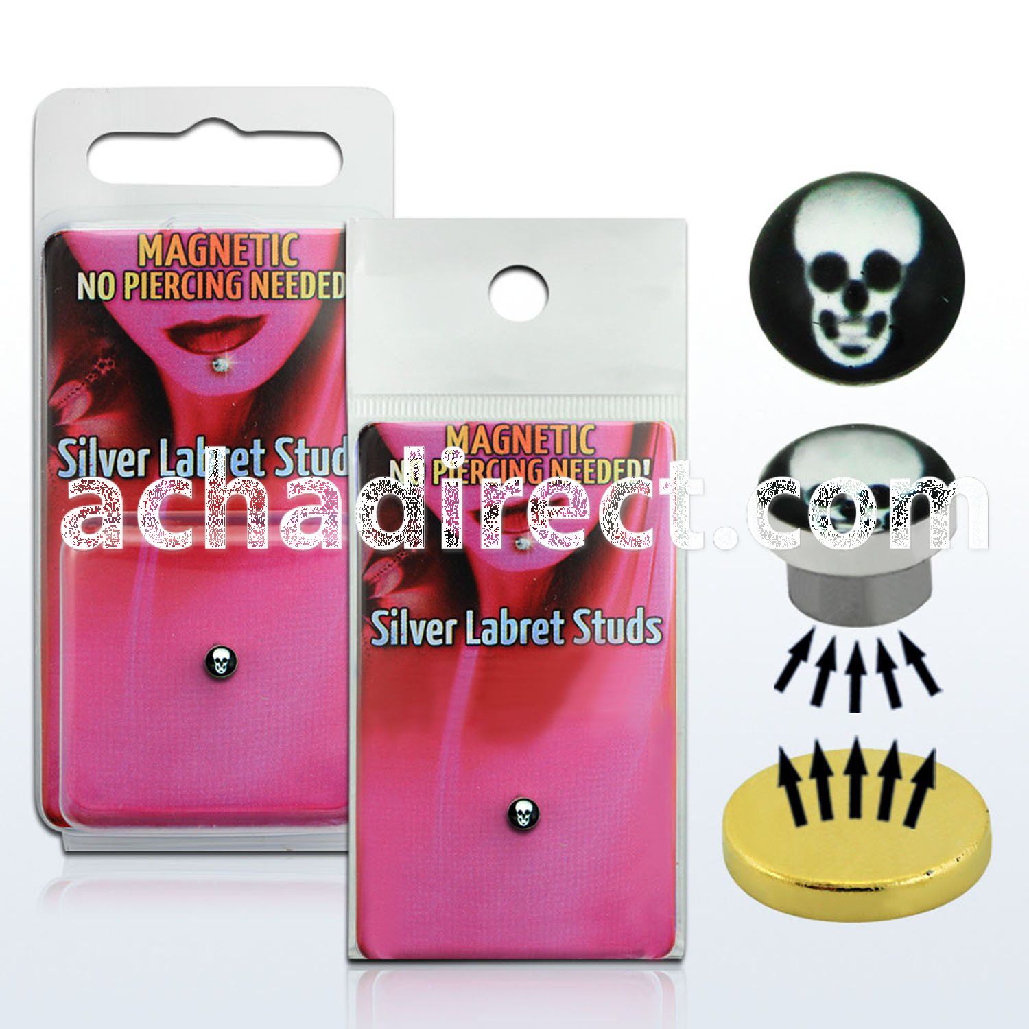 pkml6 silver magnetic fake labret stud w skull on black logo