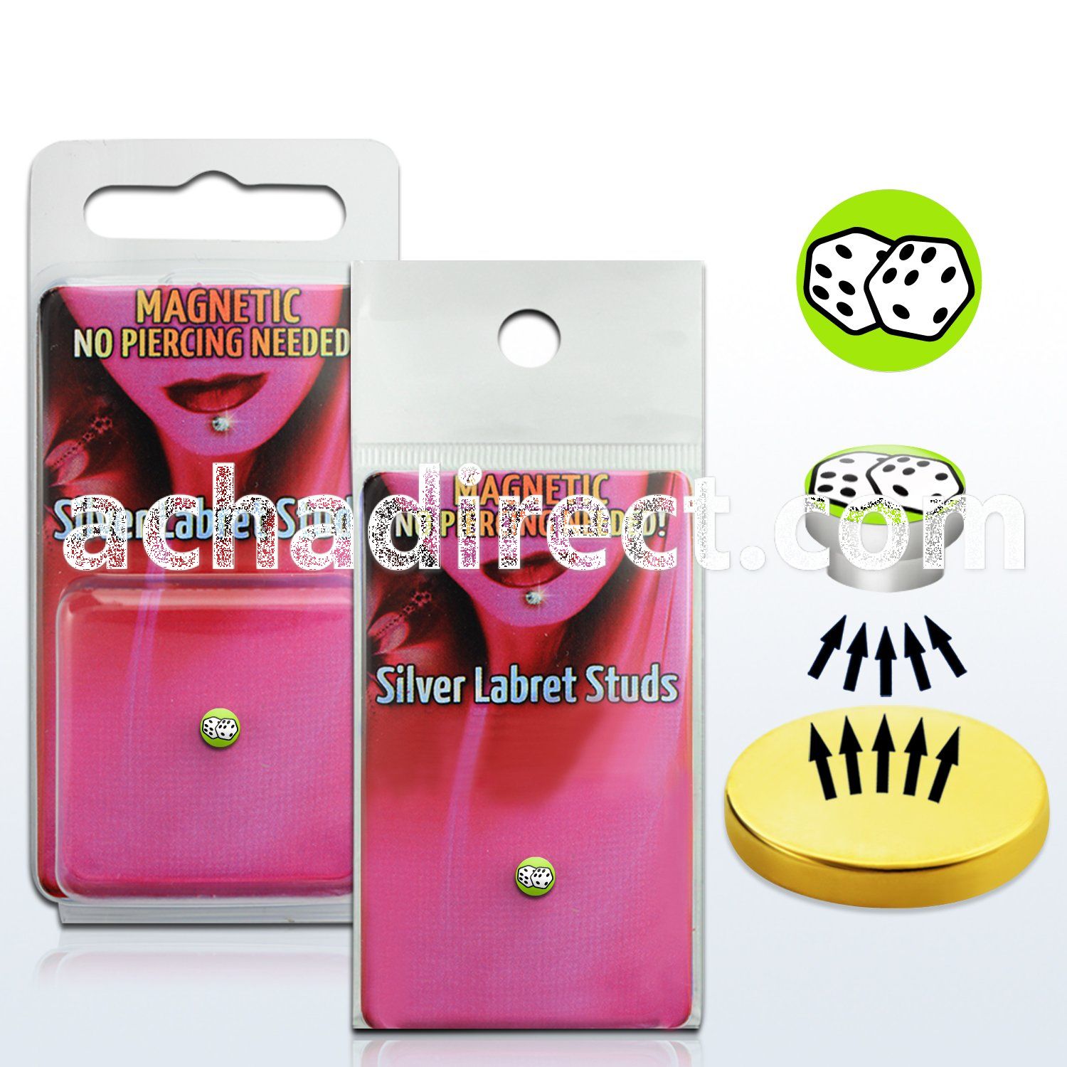 pkml8 silver magnetic fake labret stud w dices on green logo
