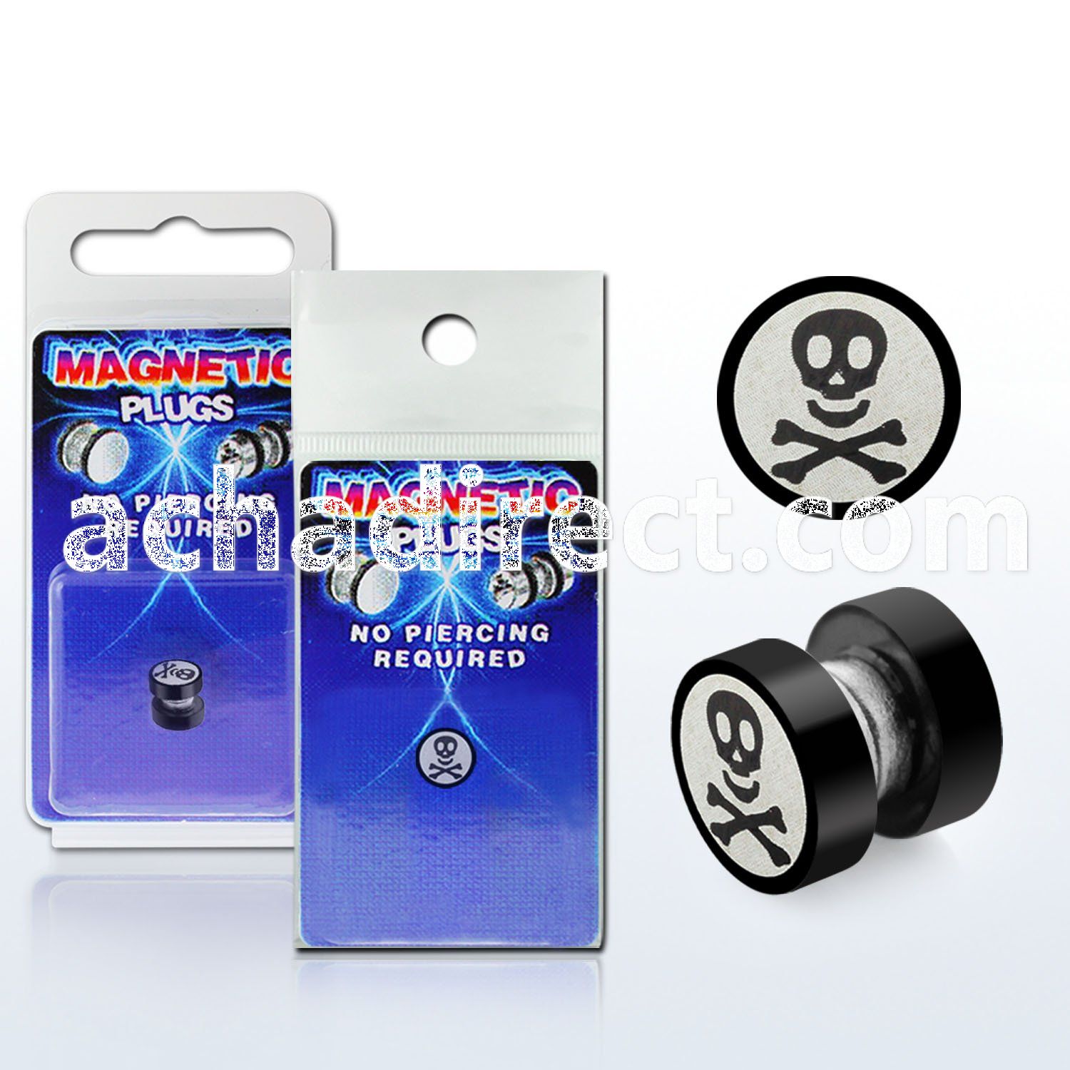 pkmp40 black 316l steel magnetic fake plug w skull bones logo