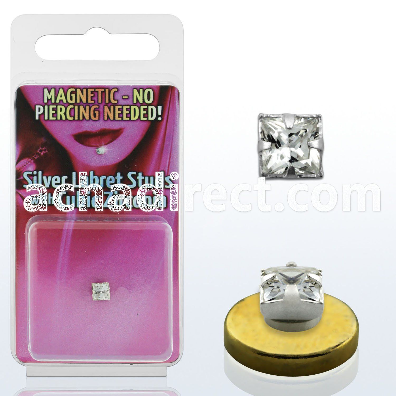 pkmq4 silver magnetic fake labret stud with clear prong cz