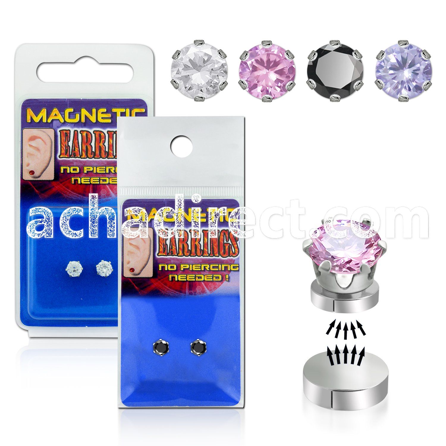 pkmsz pair of magnetic 316l steel ear studs w round prong cz