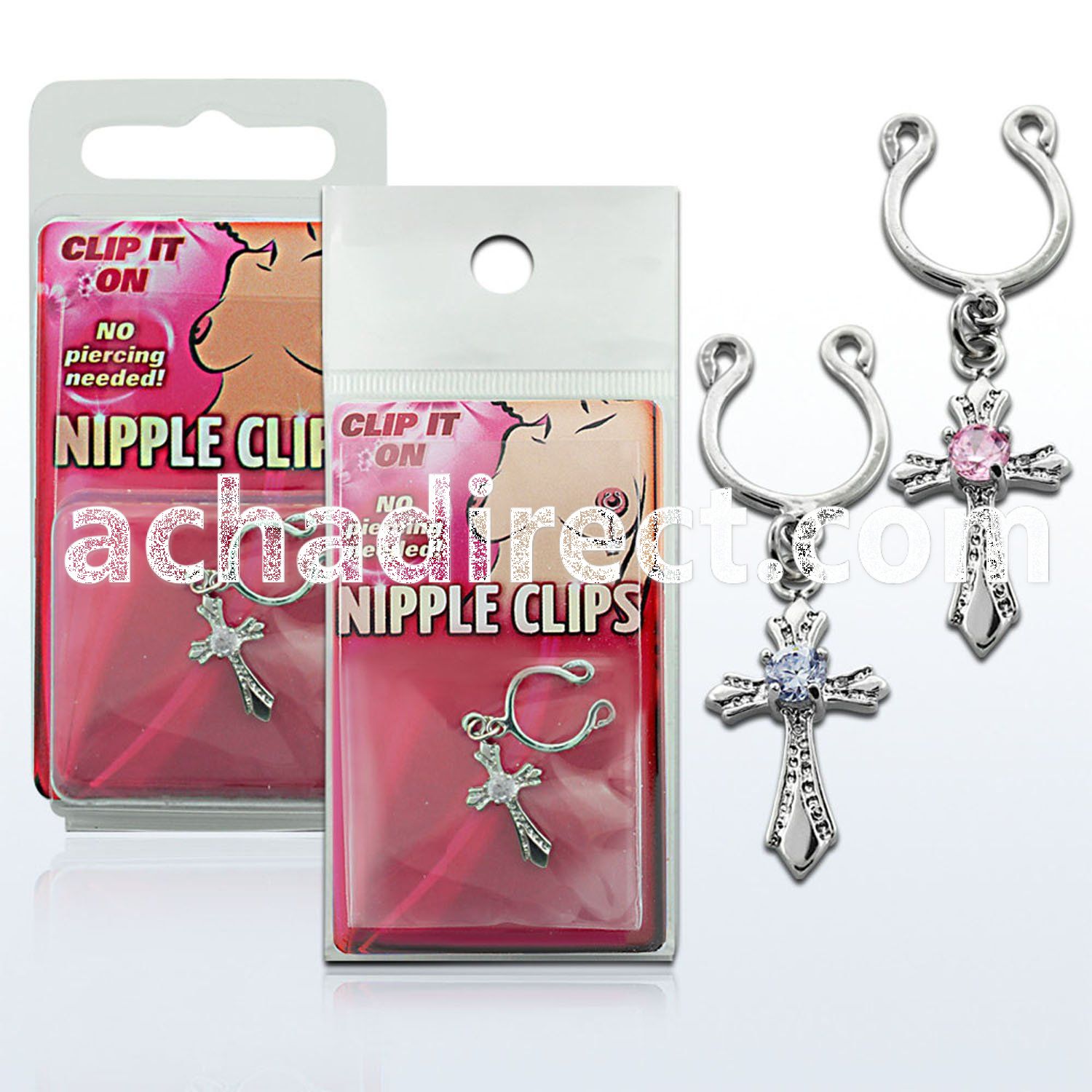 pknp19 nonpiercing nipple clip with dangling cross w prong cz