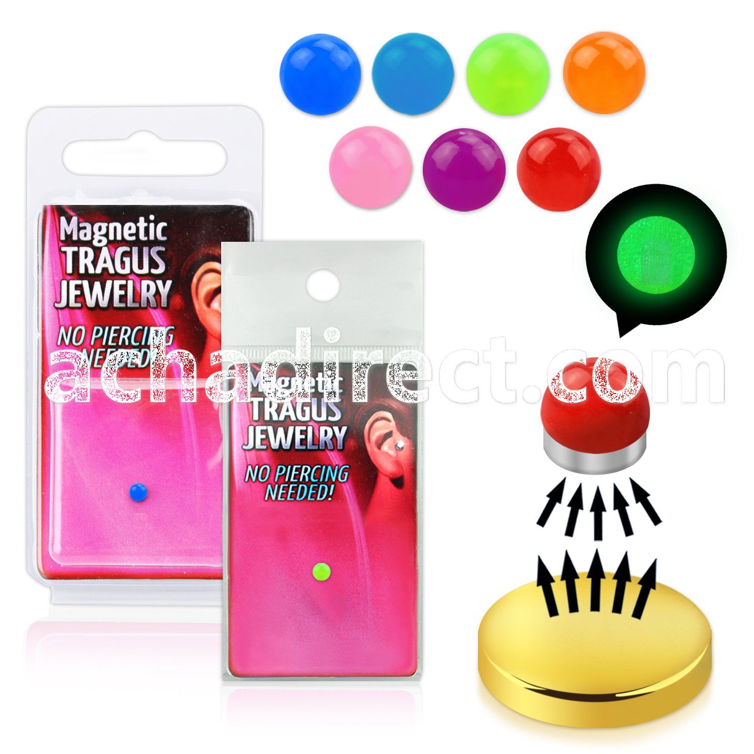 pktg8 3mm magnetic non piercing tragus stud with glow ball