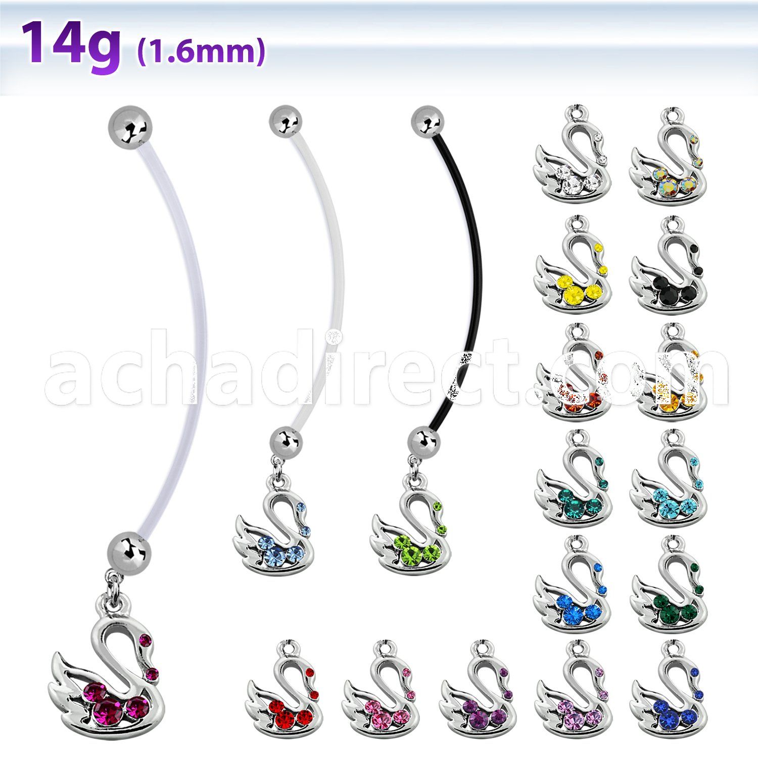 pnd472 pregnancy belly ring w dangling swan with crystals 
