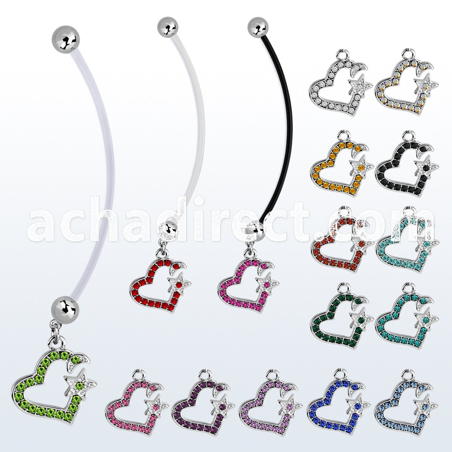 pnd527 pregnancy belly ring w dangling crystal studded heart 