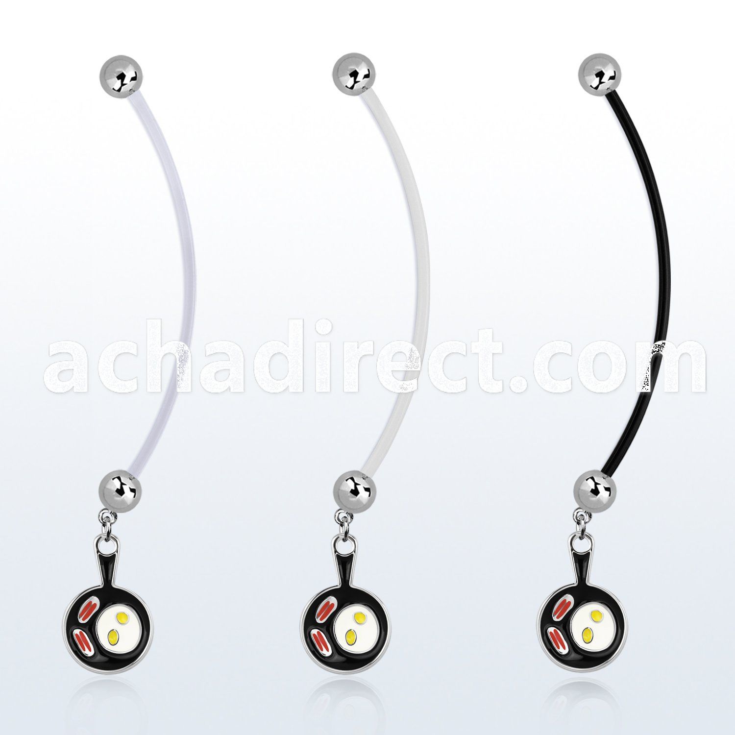 pnd646 pregnancy belly ring w dangling bacon eggs black pan 