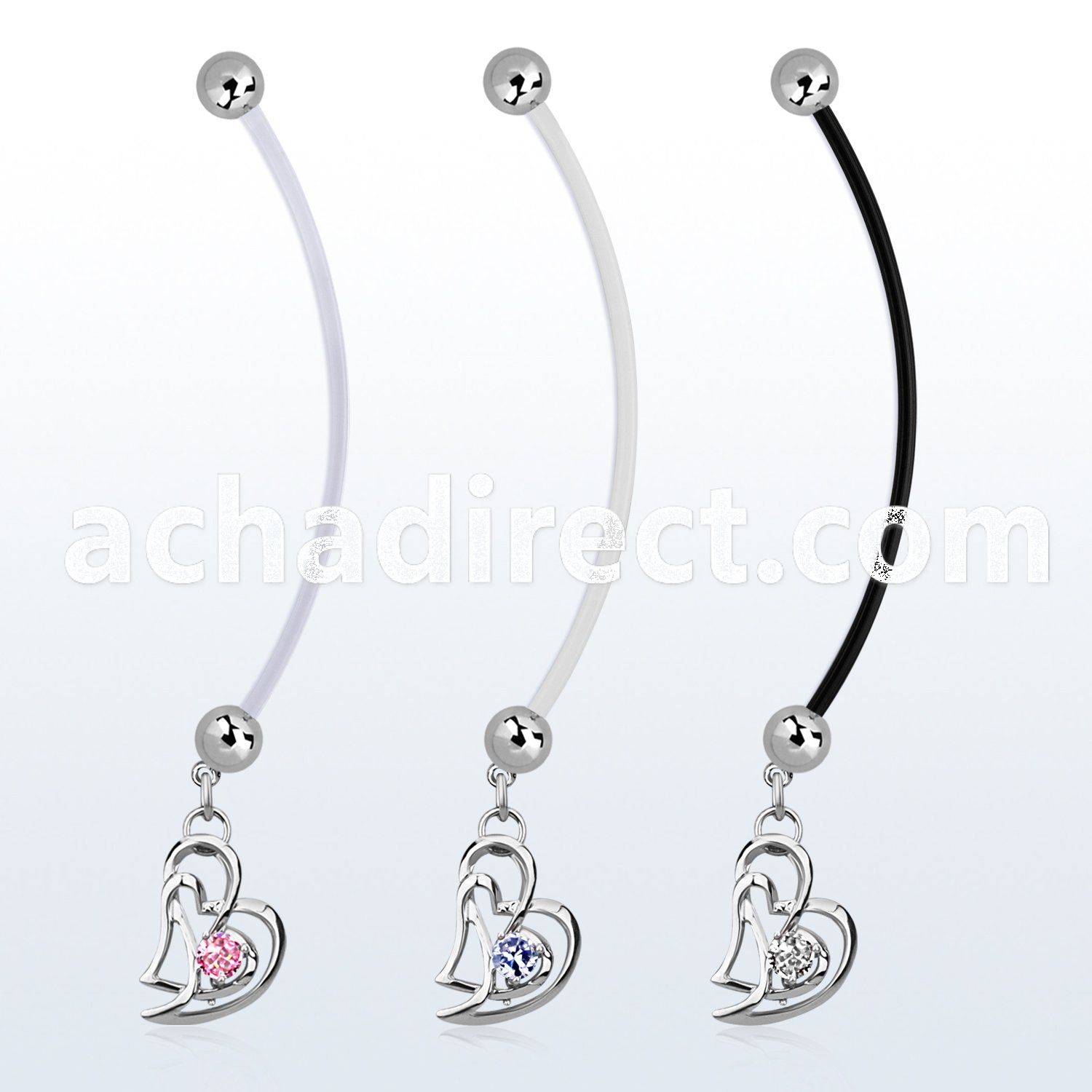 pndz373 pregnancy belly ring w dangling double heart w round cz