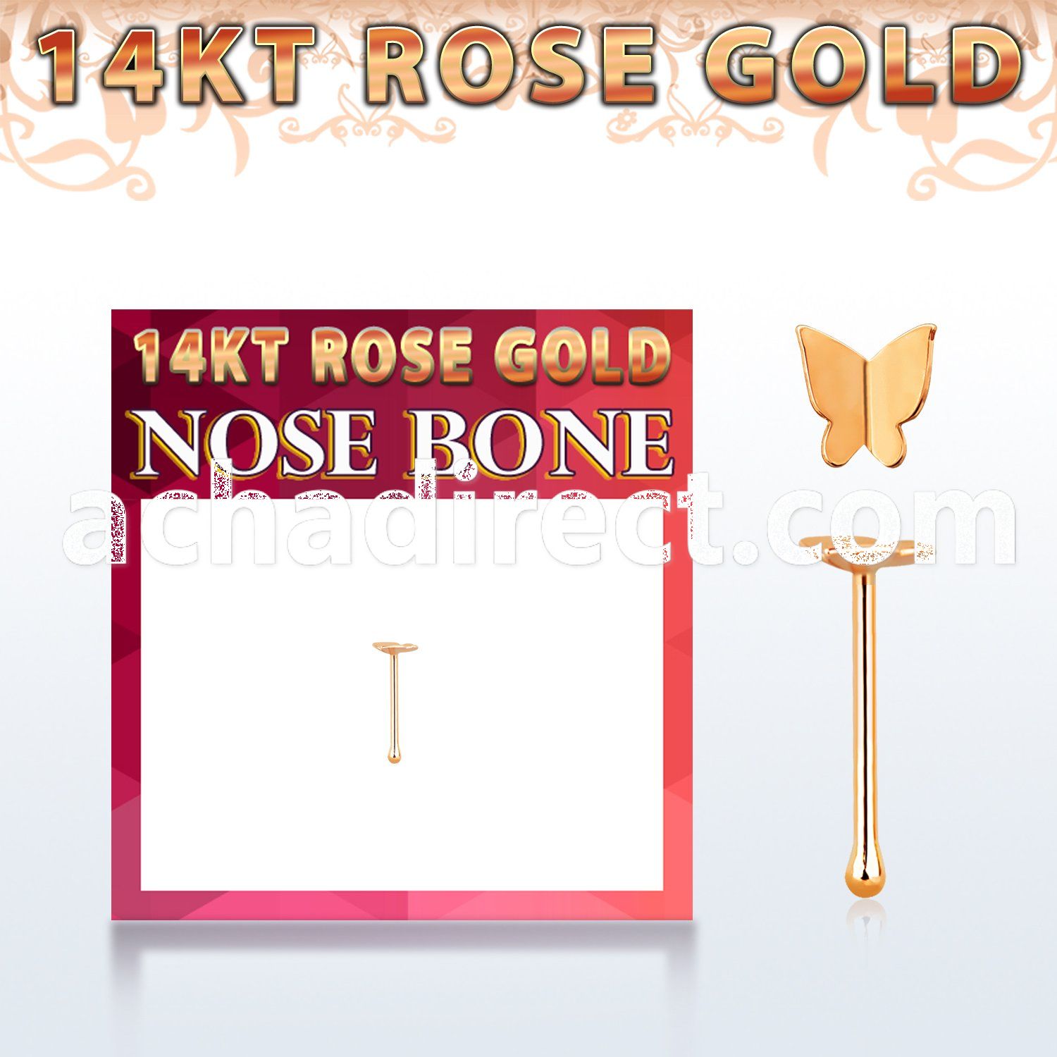 rbbt2 14kt rose gold nose bone w modern butterfly top