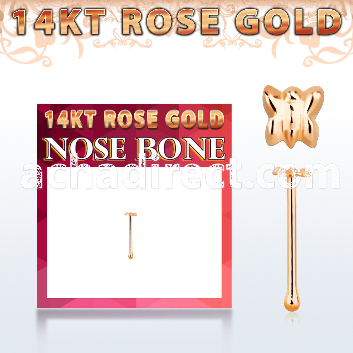 rbbt 14kt rose gold nose bone w a 2.5mm butterfly shaped top
