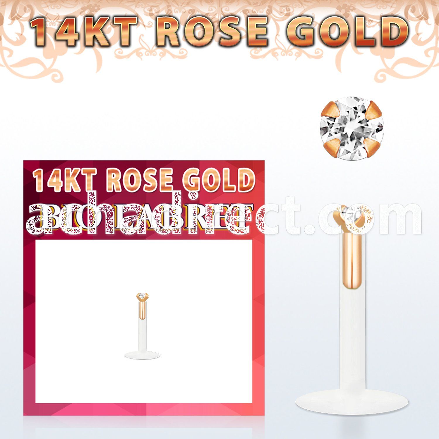 rbizcs bio flex labret w push in 14k rose gold top w 1.5mm cz