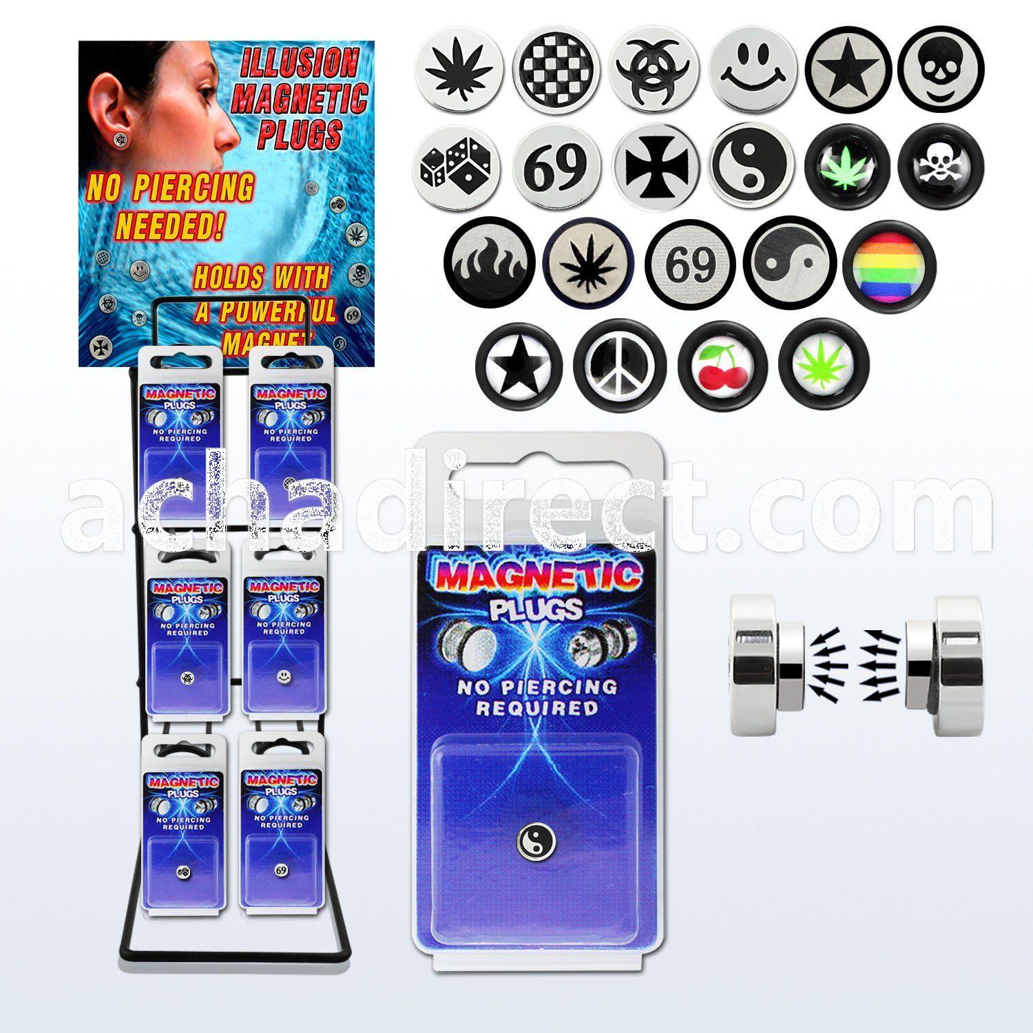 rkmmp6 rack of magnetic steel fake plugs with assorted logos