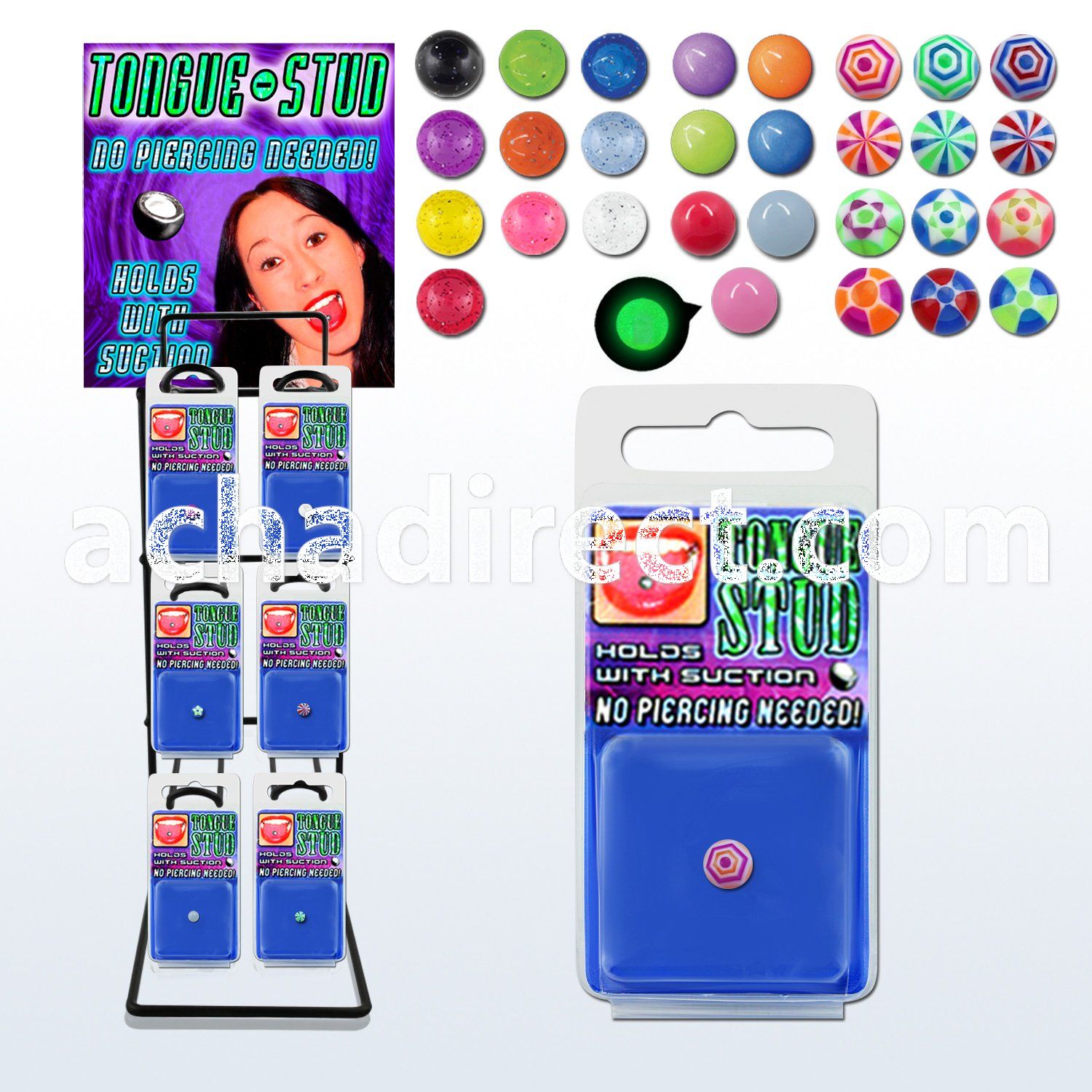 rktg rack of assorted fake tongue studs hold with suction