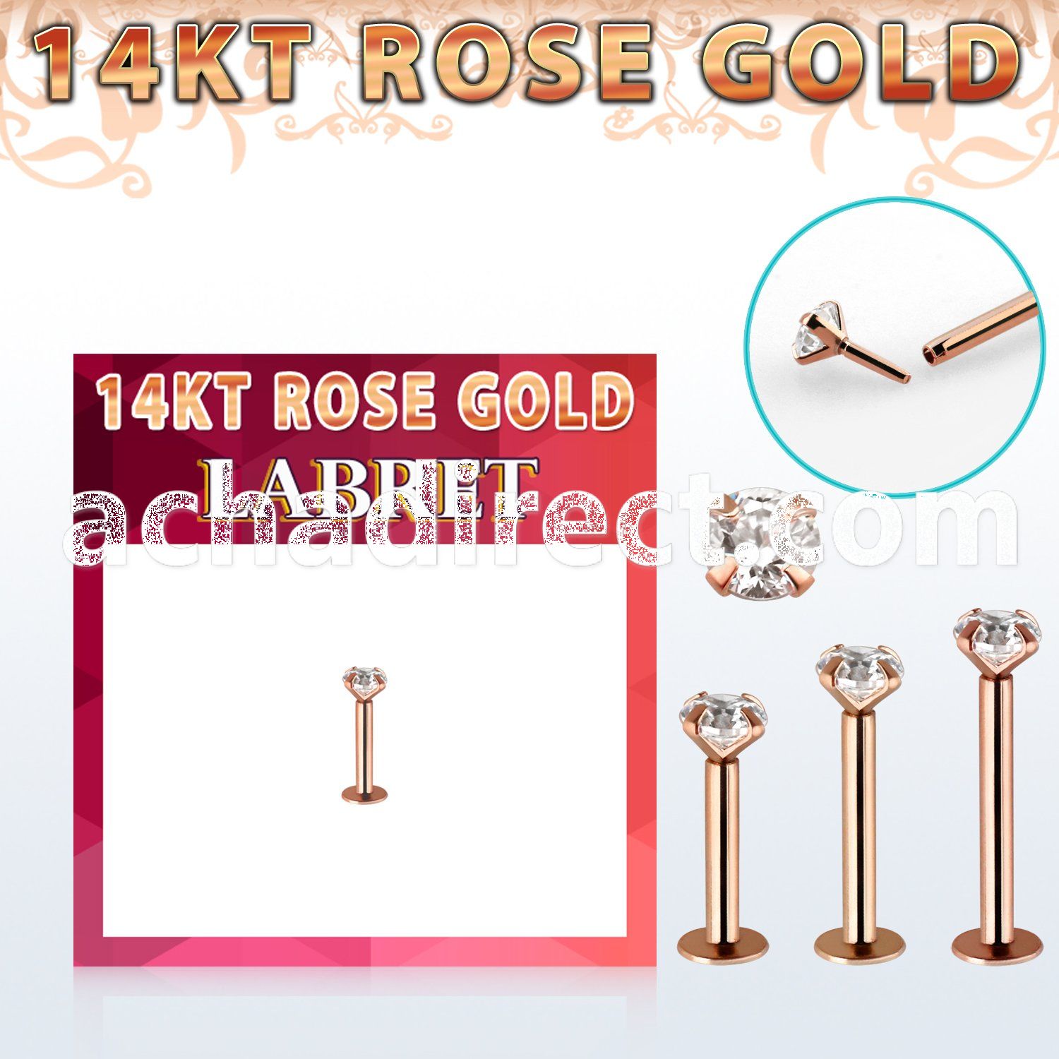 rlbz solid 14k rose gold labret w a clear 3mm cz stone
