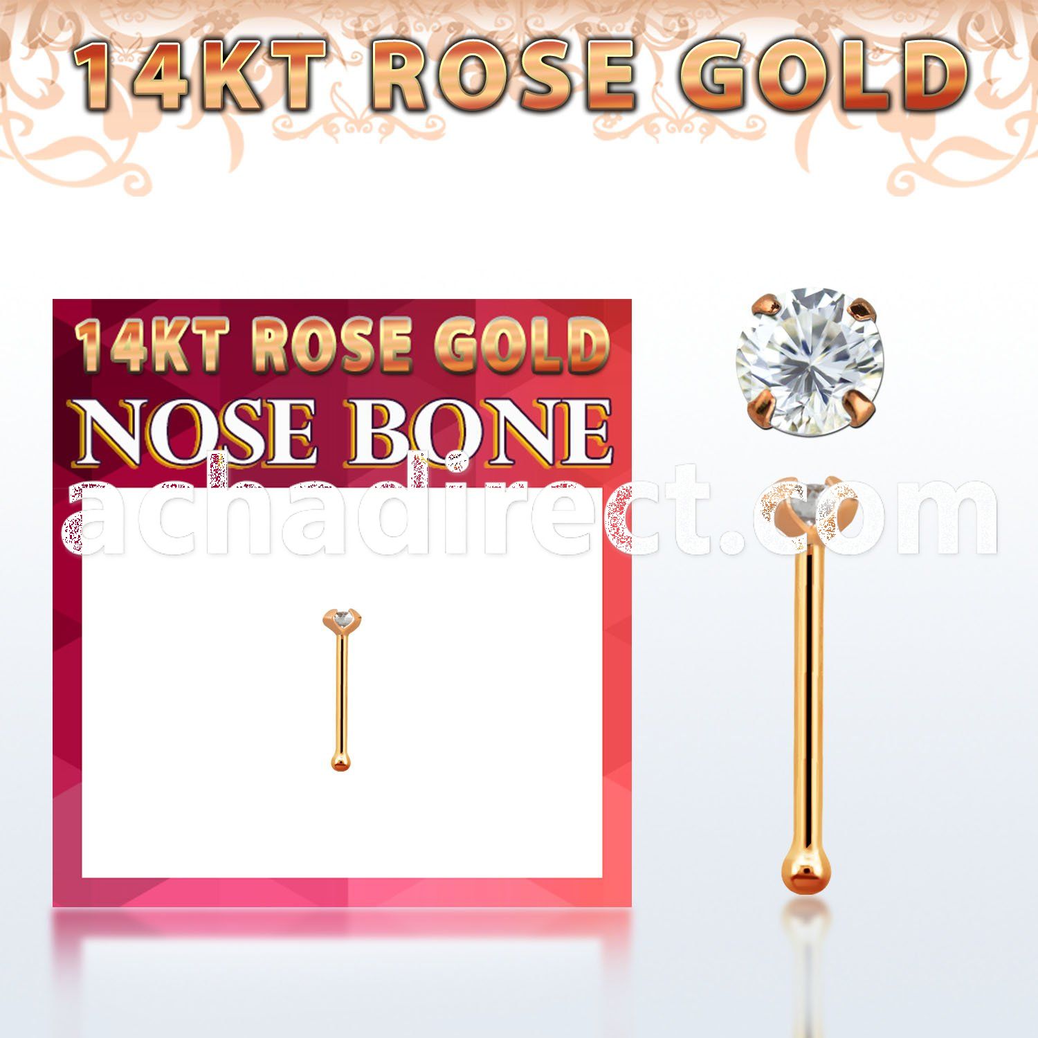 rnbzc1 14kt rose gold nose bone w a 2mm round prong set cz