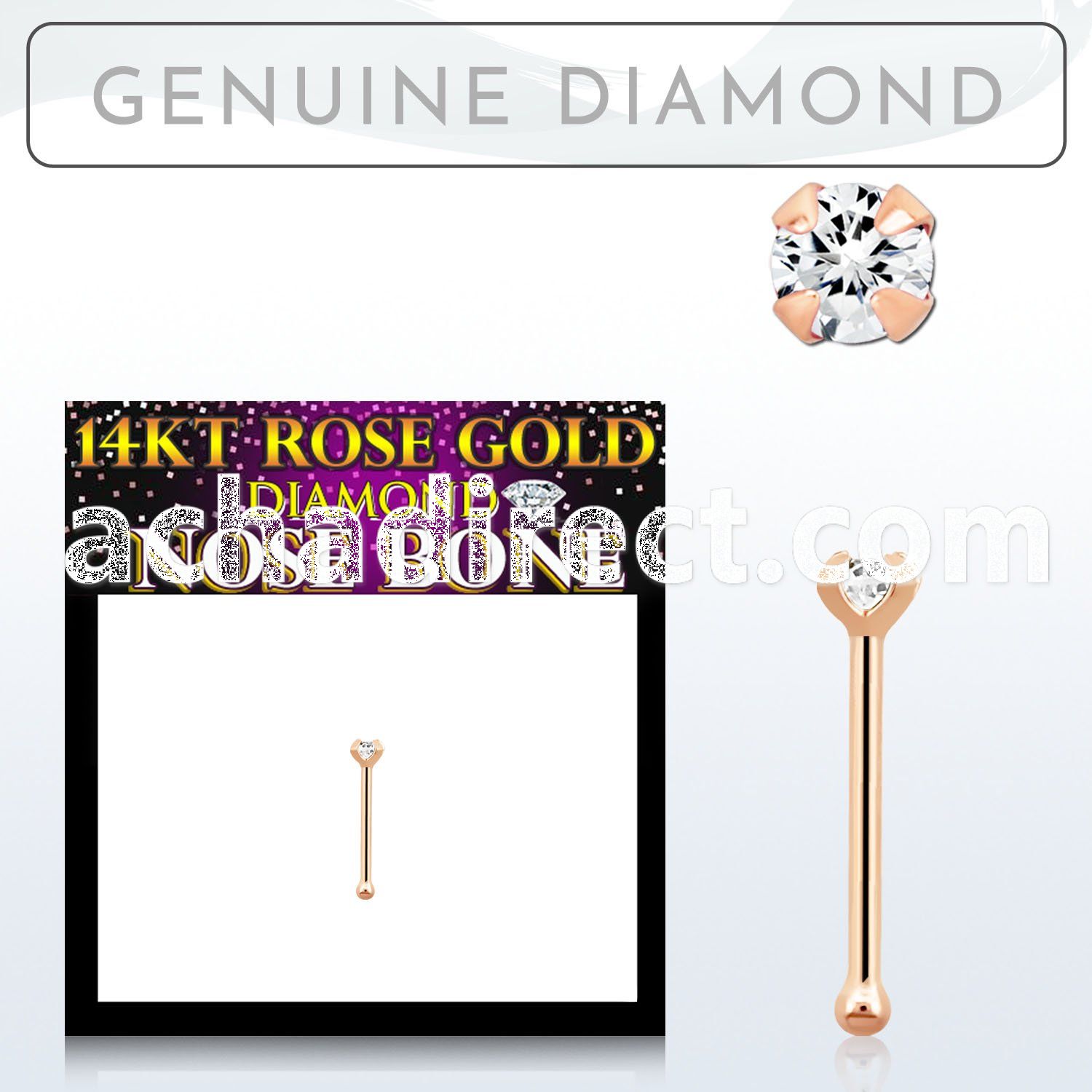rnpdb1 14kt rose gold nose bone w a 1.5mm prong set diamond