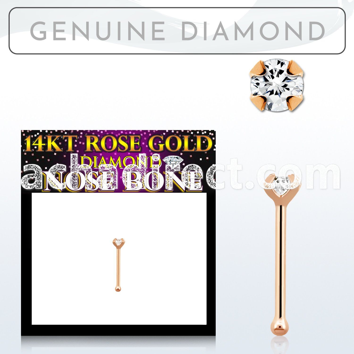 rnpdb2 genuine diamond 14k rose gold nose bone 2mm prong set round diamond