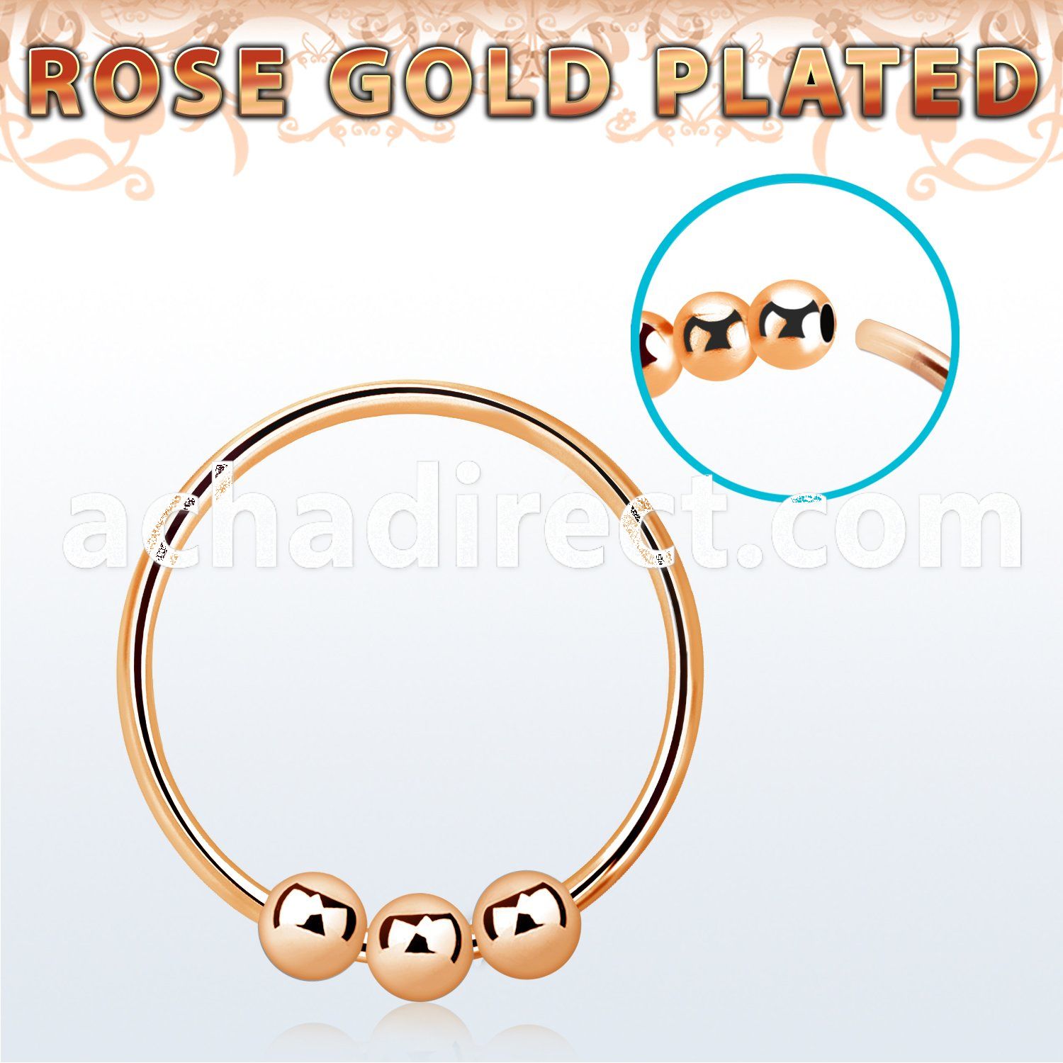 rose gold plated silver nose hoop w three 2mm balls 