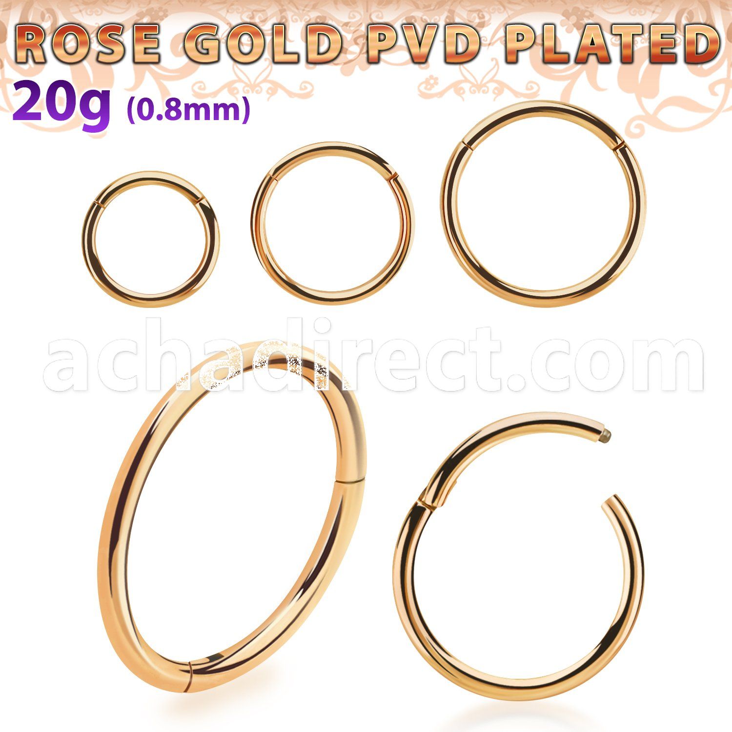 rose gold pvd plated 316l steel hinged segment ring, 20g