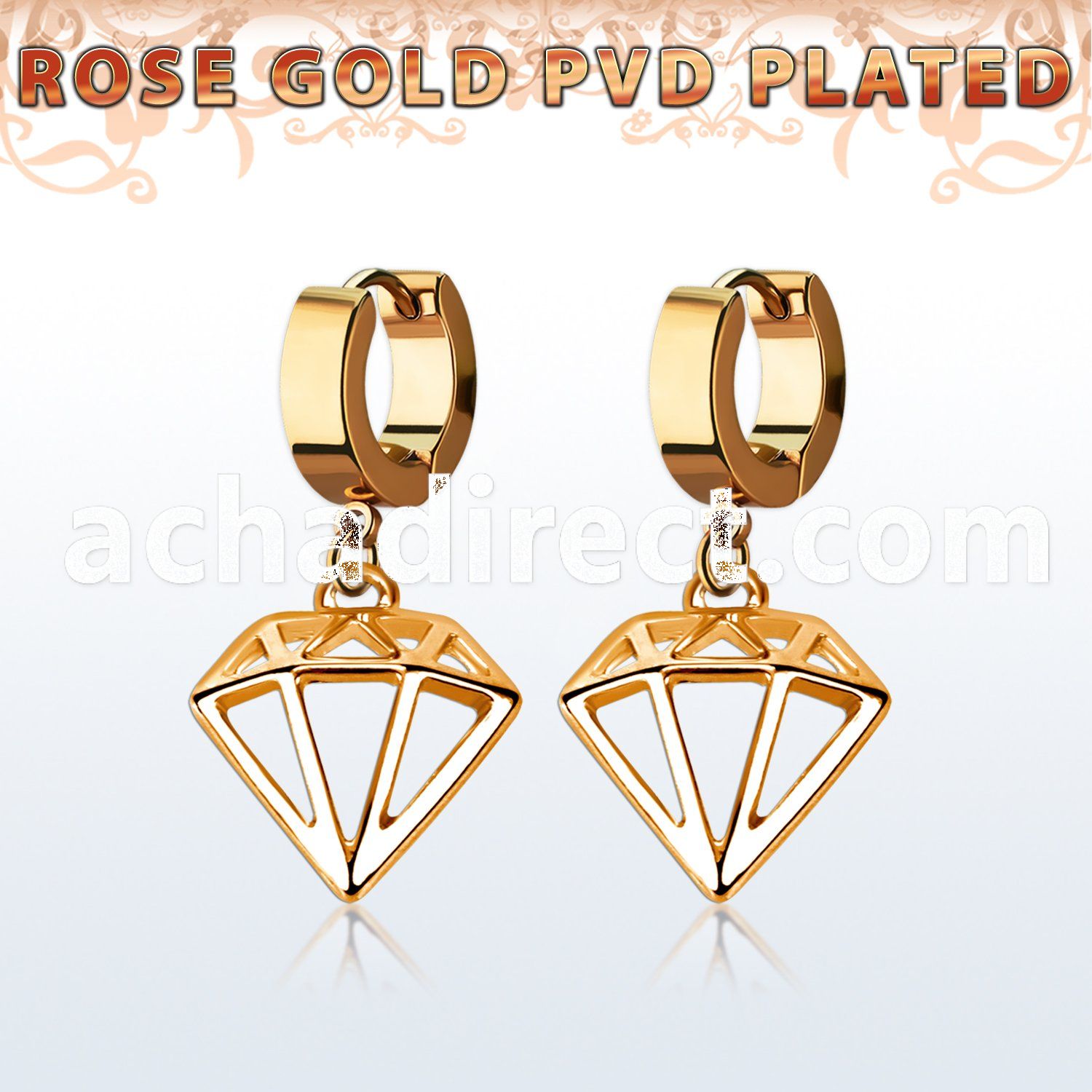 rose gold stainless steel huggie w a diamond dangling